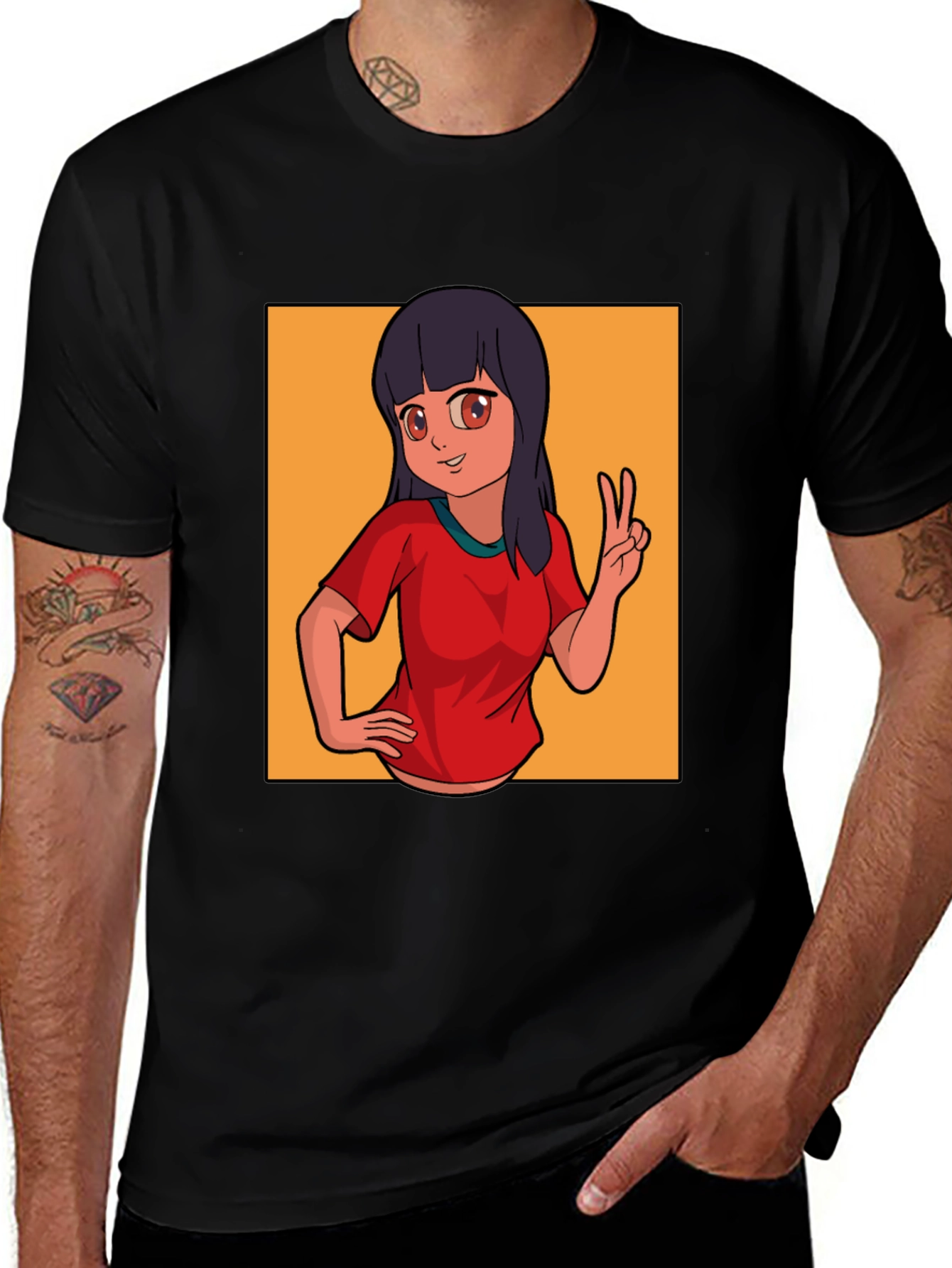 Anime Girl Peace Sign Graphic Black T-Shirt
