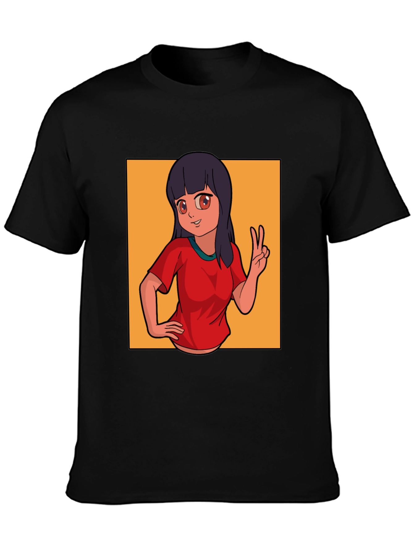 Anime Girl Peace Sign Graphic Black T-Shirt