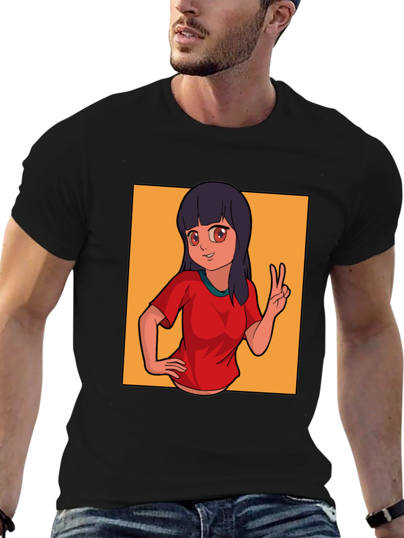 Anime Girl Peace Sign Graphic Black T-Shirt