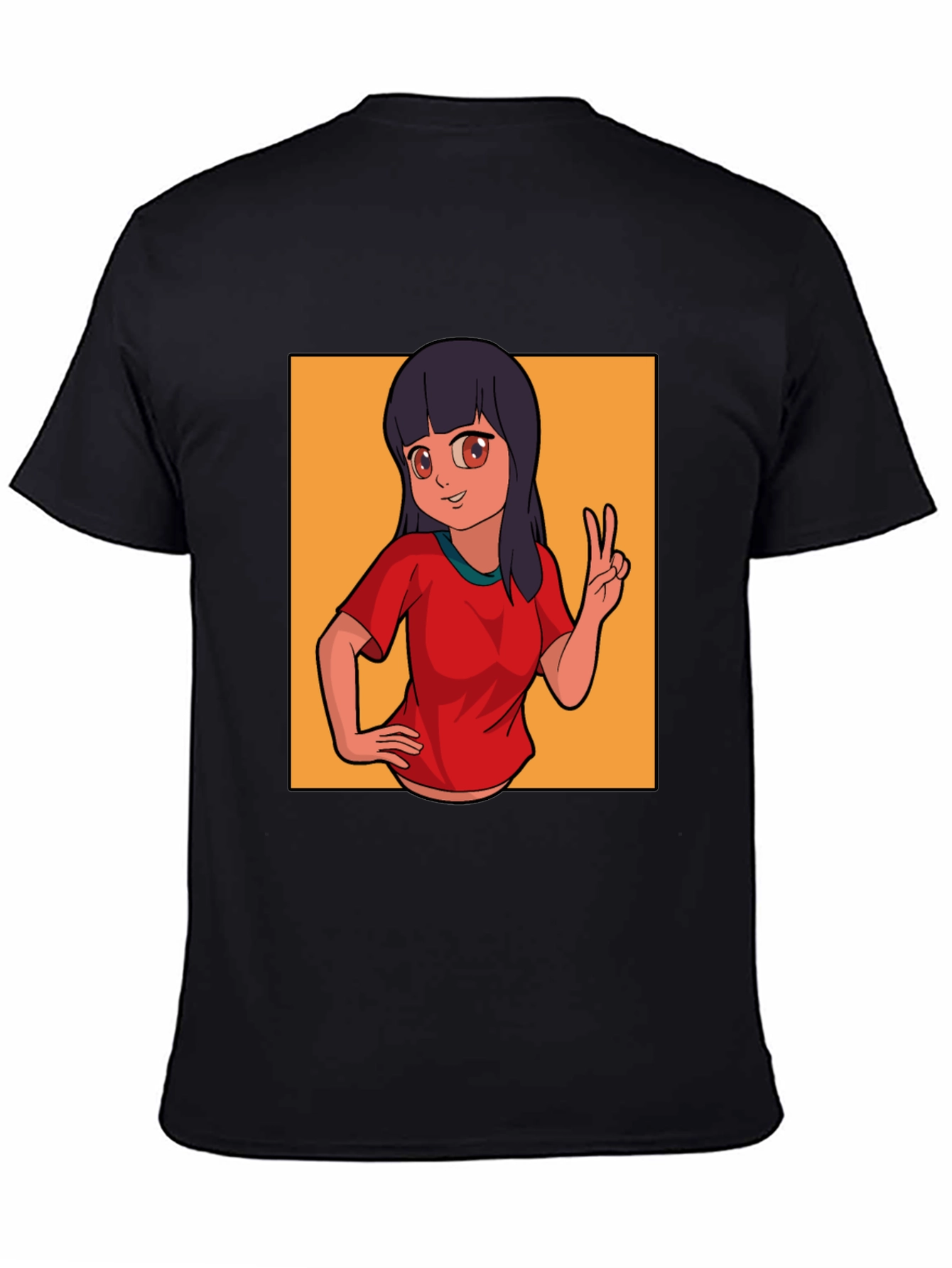 Anime Girl Peace Sign Graphic Black T-Shirt