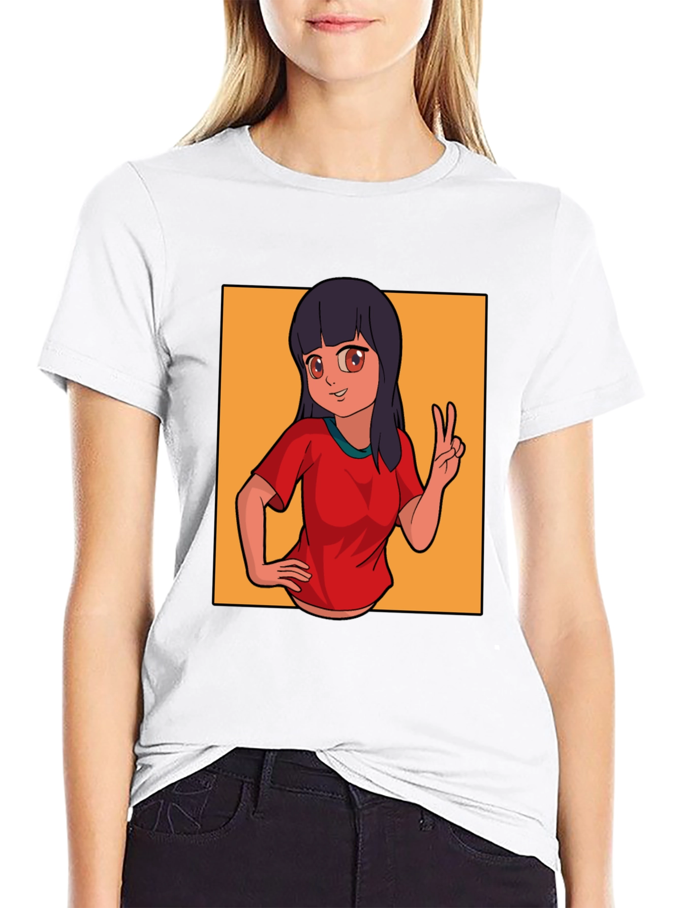 Anime Girl Peace Sign Graphic Black T-Shirt