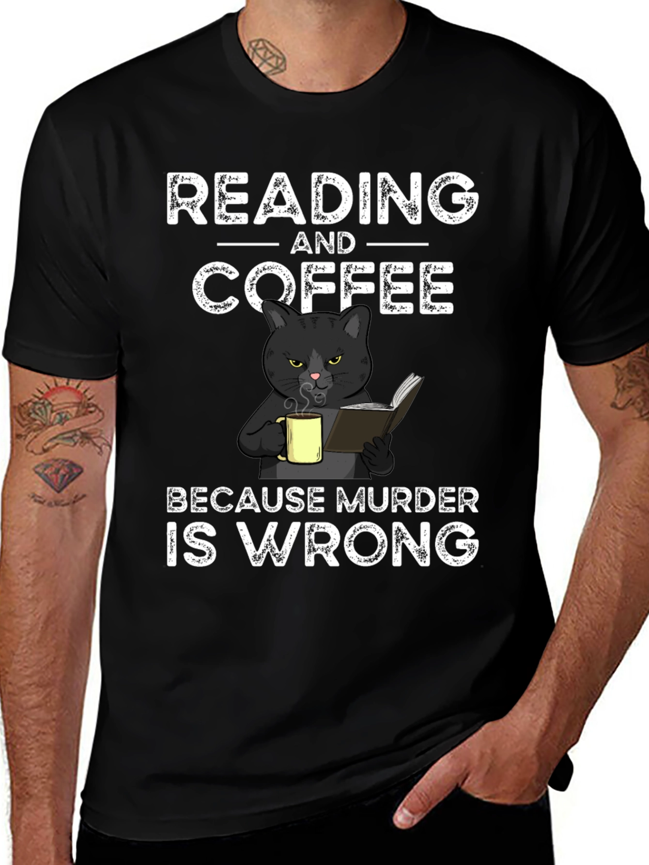Reading and Coffee T-Shirt Black Cat Murder Funny Tee
