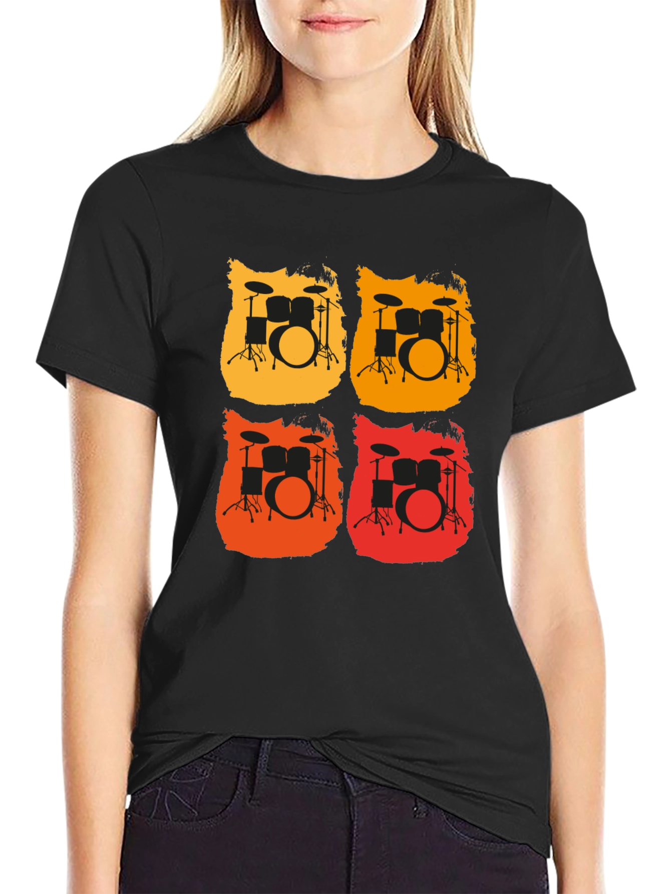 Retro Drum Set Graphic Tee - Black Cotton T-Shirt