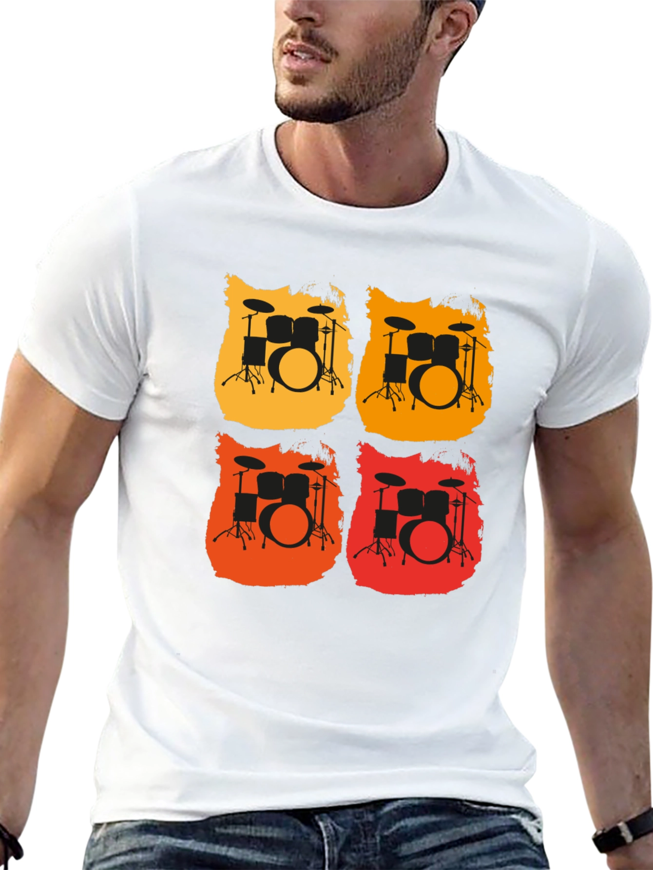 Retro Drum Set Graphic Tee - Black Cotton T-Shirt