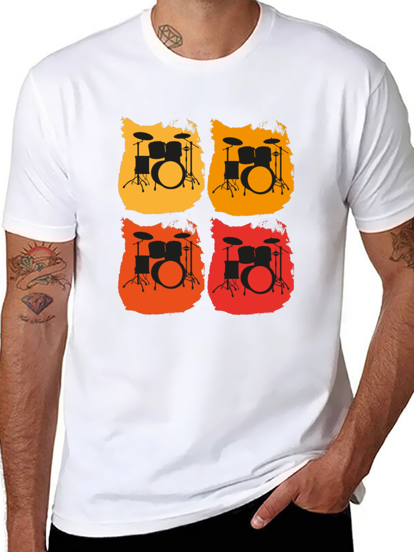 Retro Drum Set Graphic Tee - Black Cotton T-Shirt