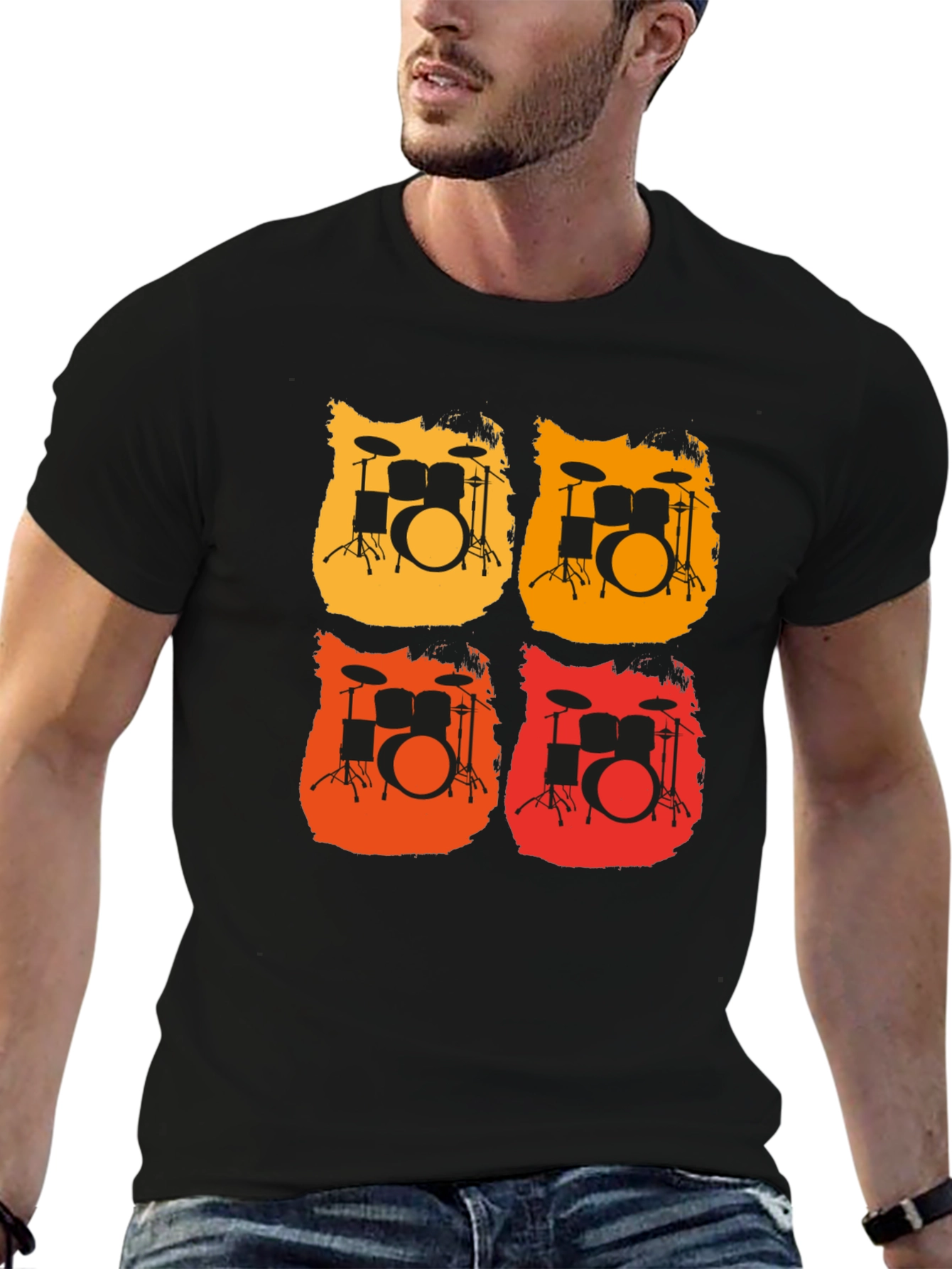 Retro Drum Set Graphic Tee - Black Cotton T-Shirt