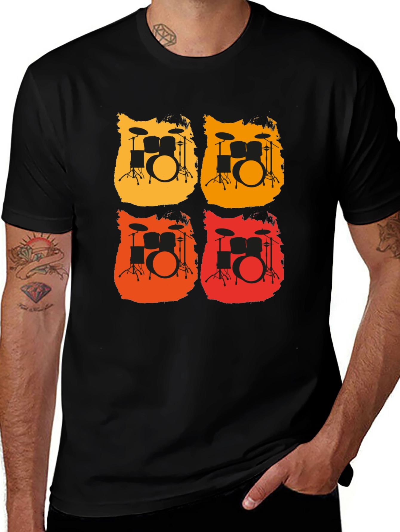 Retro Drum Set Graphic Tee - Black Cotton T-Shirt