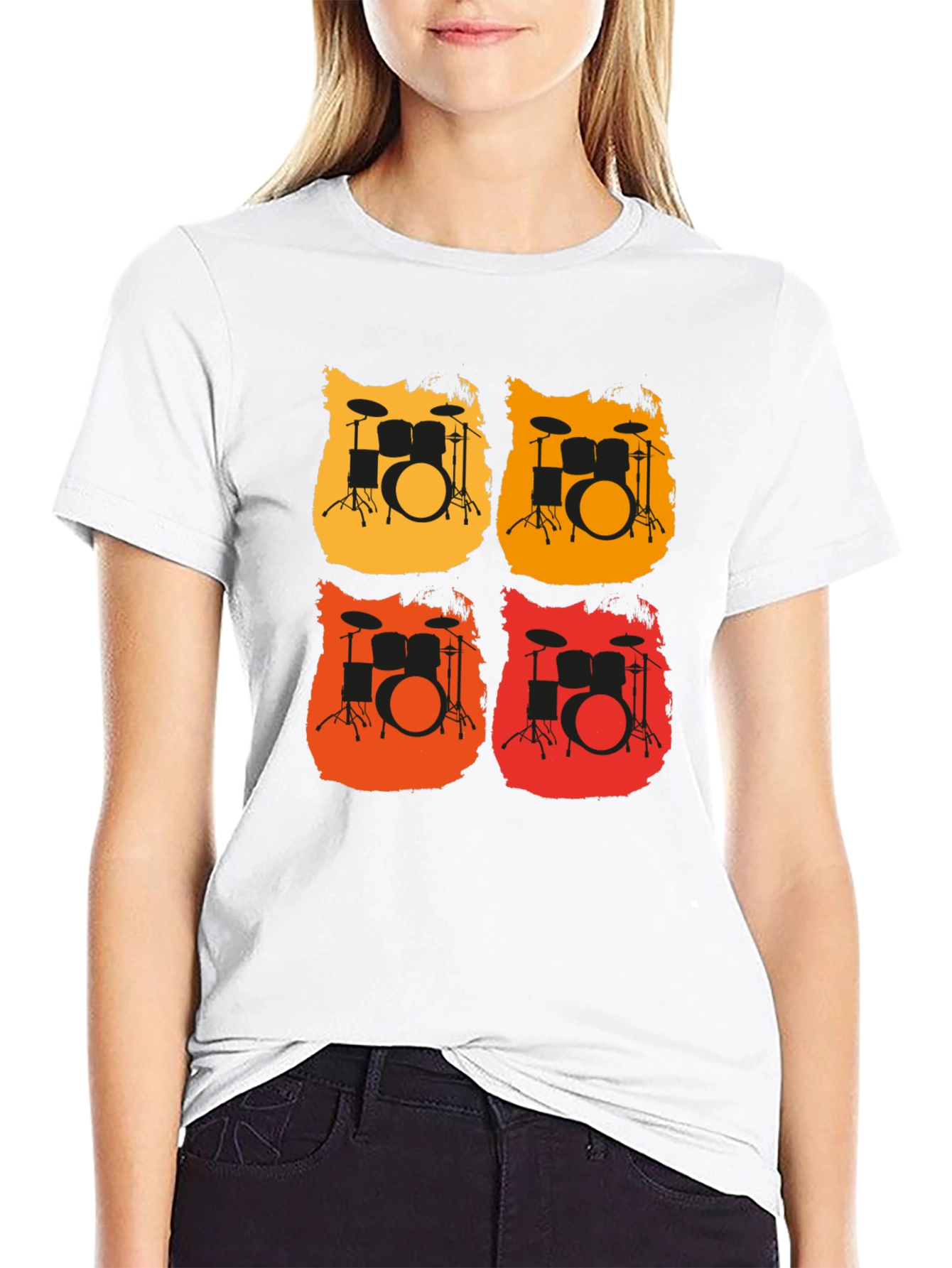 Retro Drum Set Graphic Tee - Black Cotton T-Shirt