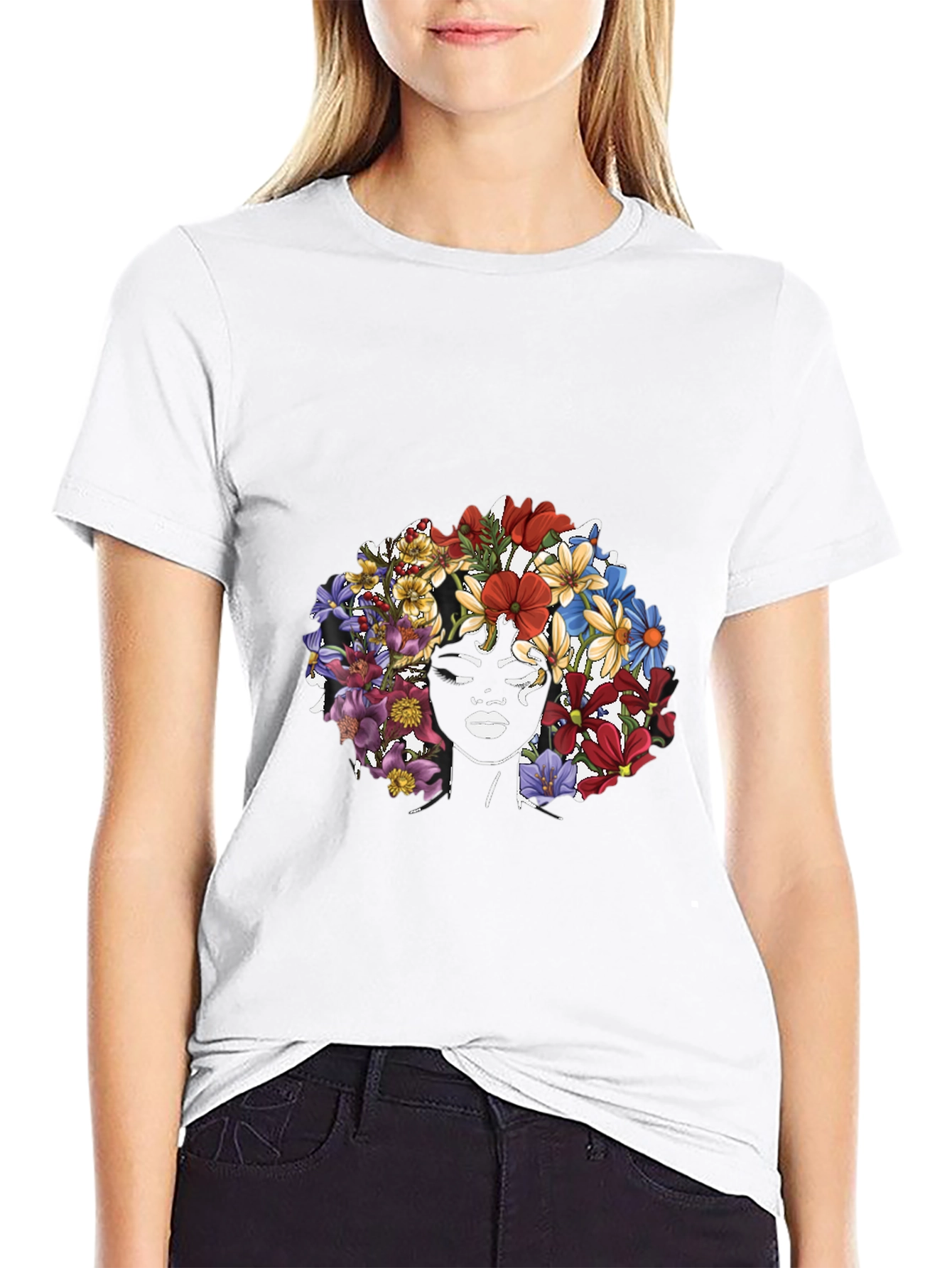 Floral Crown Woman Graphic Tee - Black T-Shirt