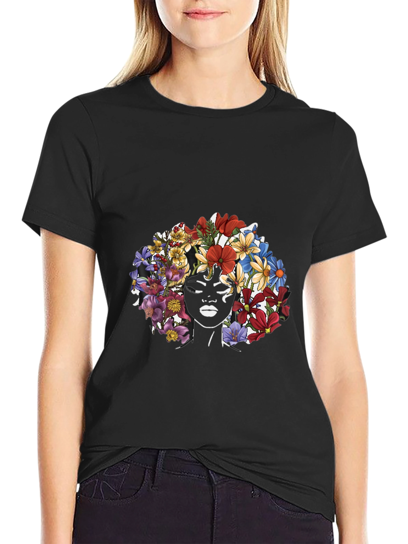 Floral Crown Woman Graphic Tee - Black T-Shirt