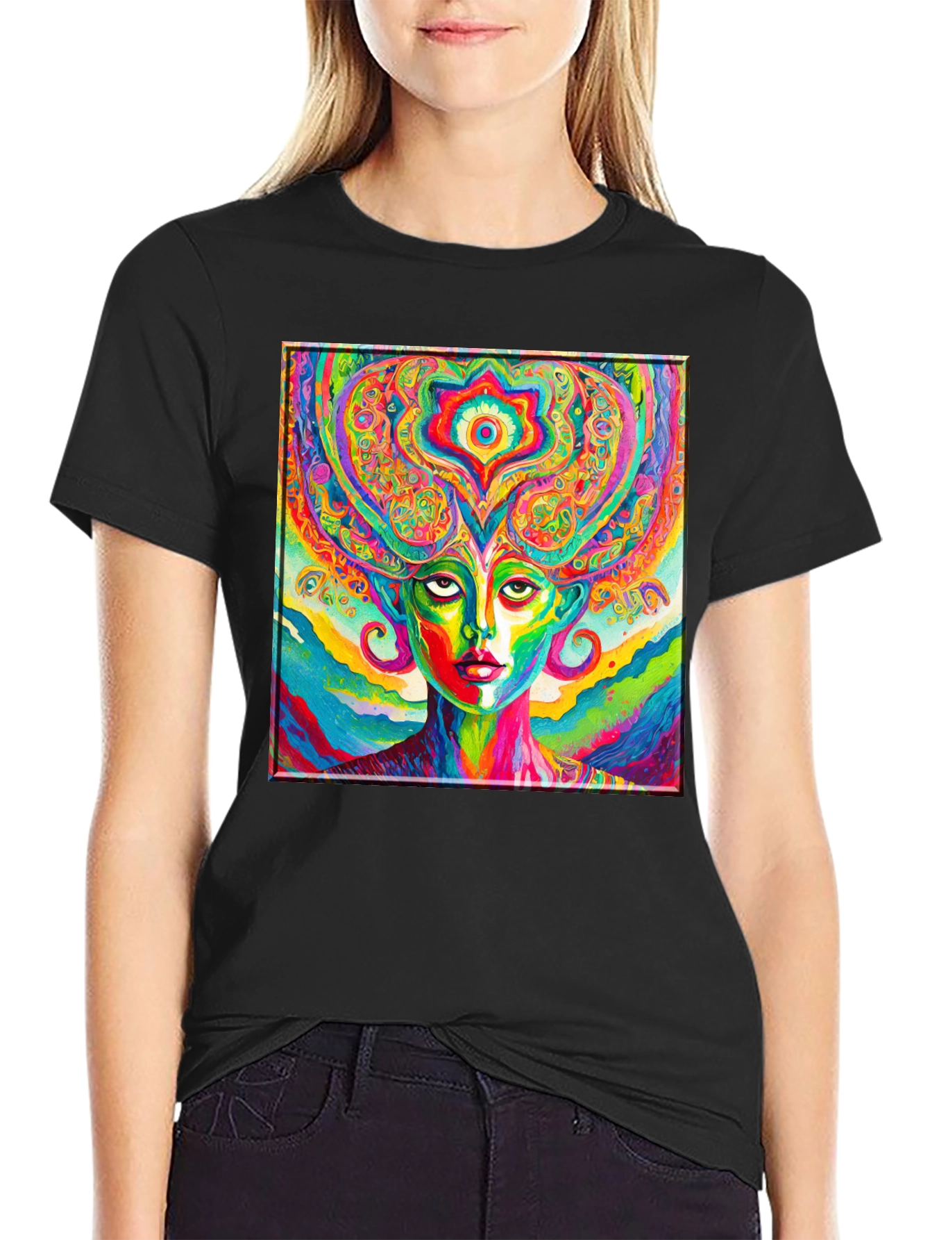 Psychedelic Woman Graphic Black T-Shirt