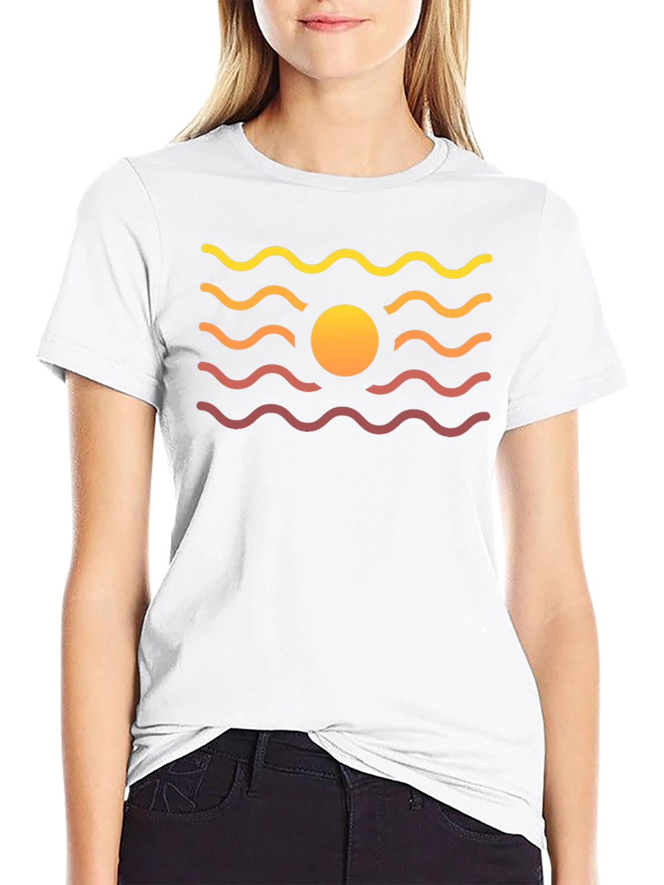 Sunset Waves Graphic Tee - Black Cotton Blend T-Shirt
