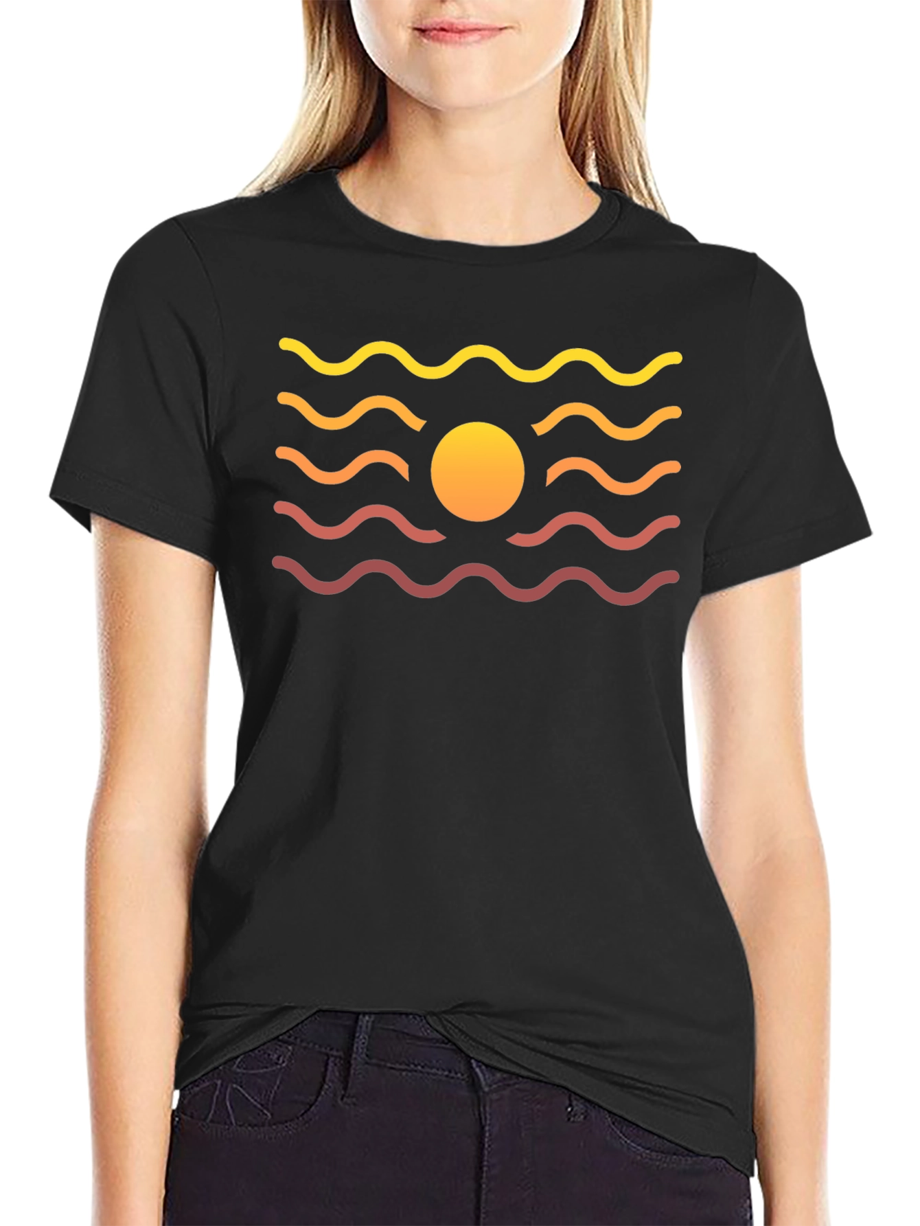 Sunset Waves Graphic Tee - Black Cotton Blend T-Shirt