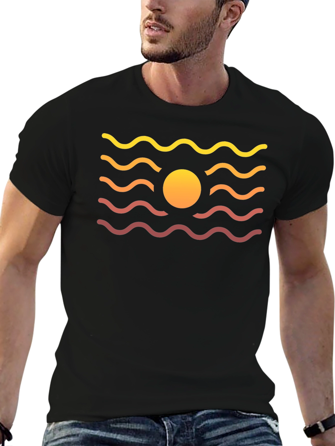 Sunset Waves Graphic Tee - Black Cotton Blend T-Shirt