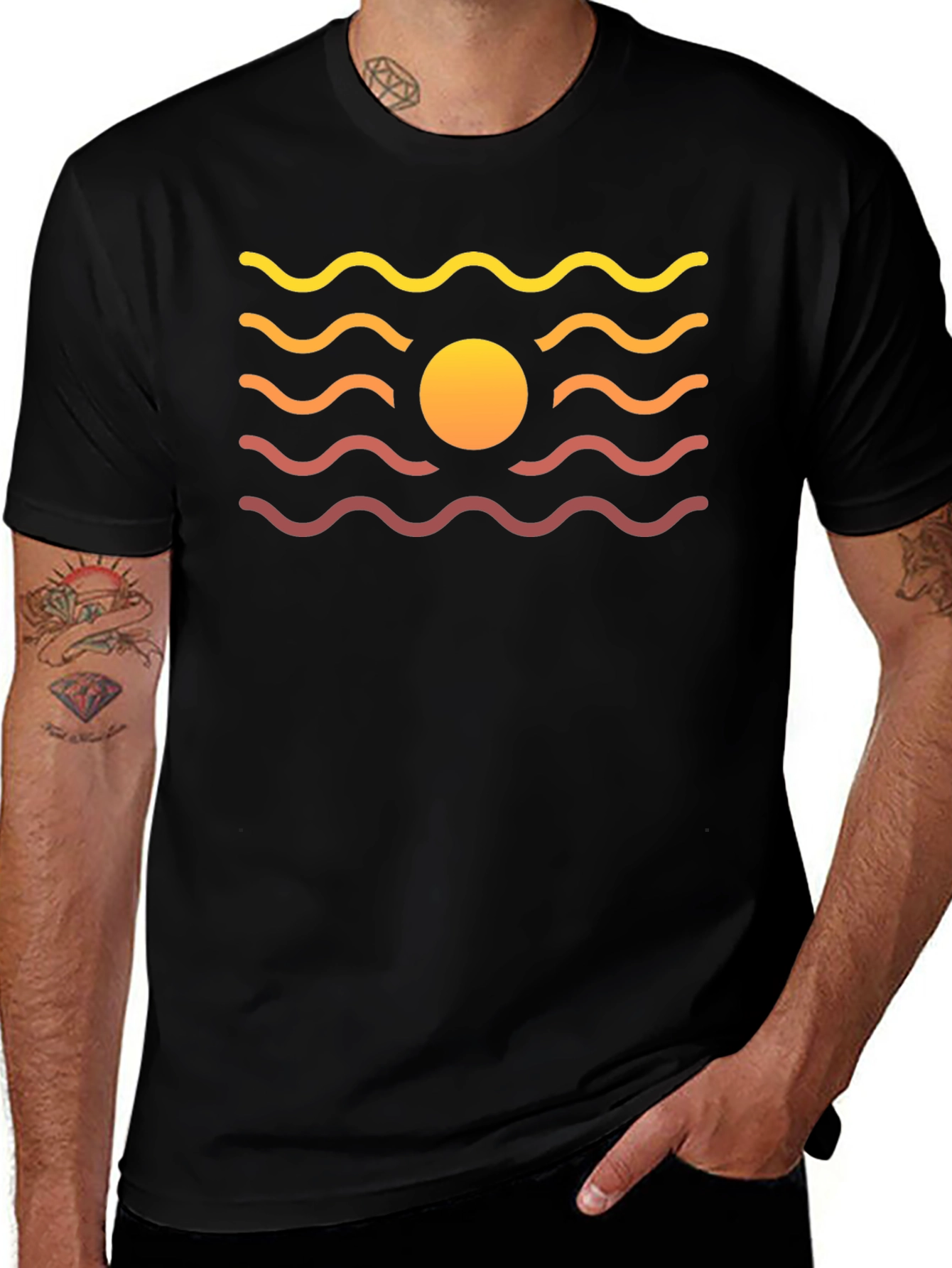 Sunset Waves Graphic Tee - Black Cotton Blend T-Shirt