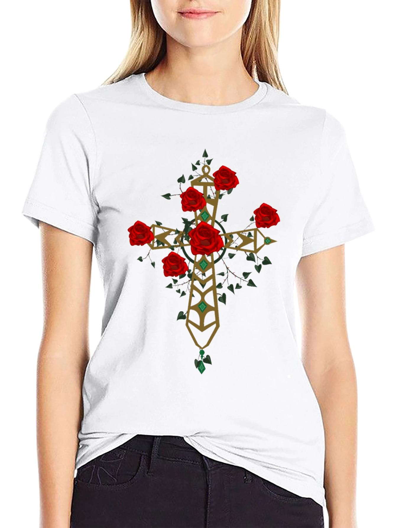 Rose Cross Graphic Tee - Stylish Print