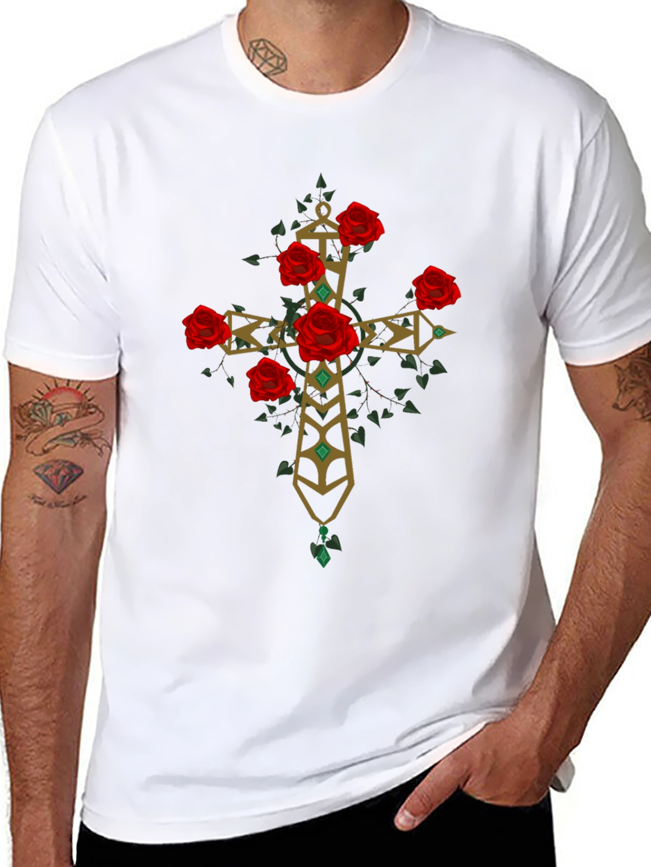 Rose Cross Graphic Tee - Stylish Print