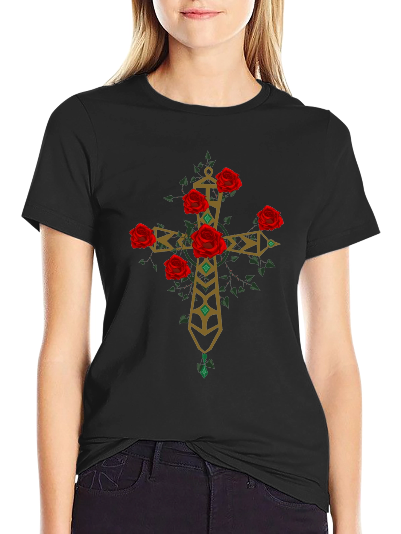 Rose Cross Graphic Tee - Stylish Print
