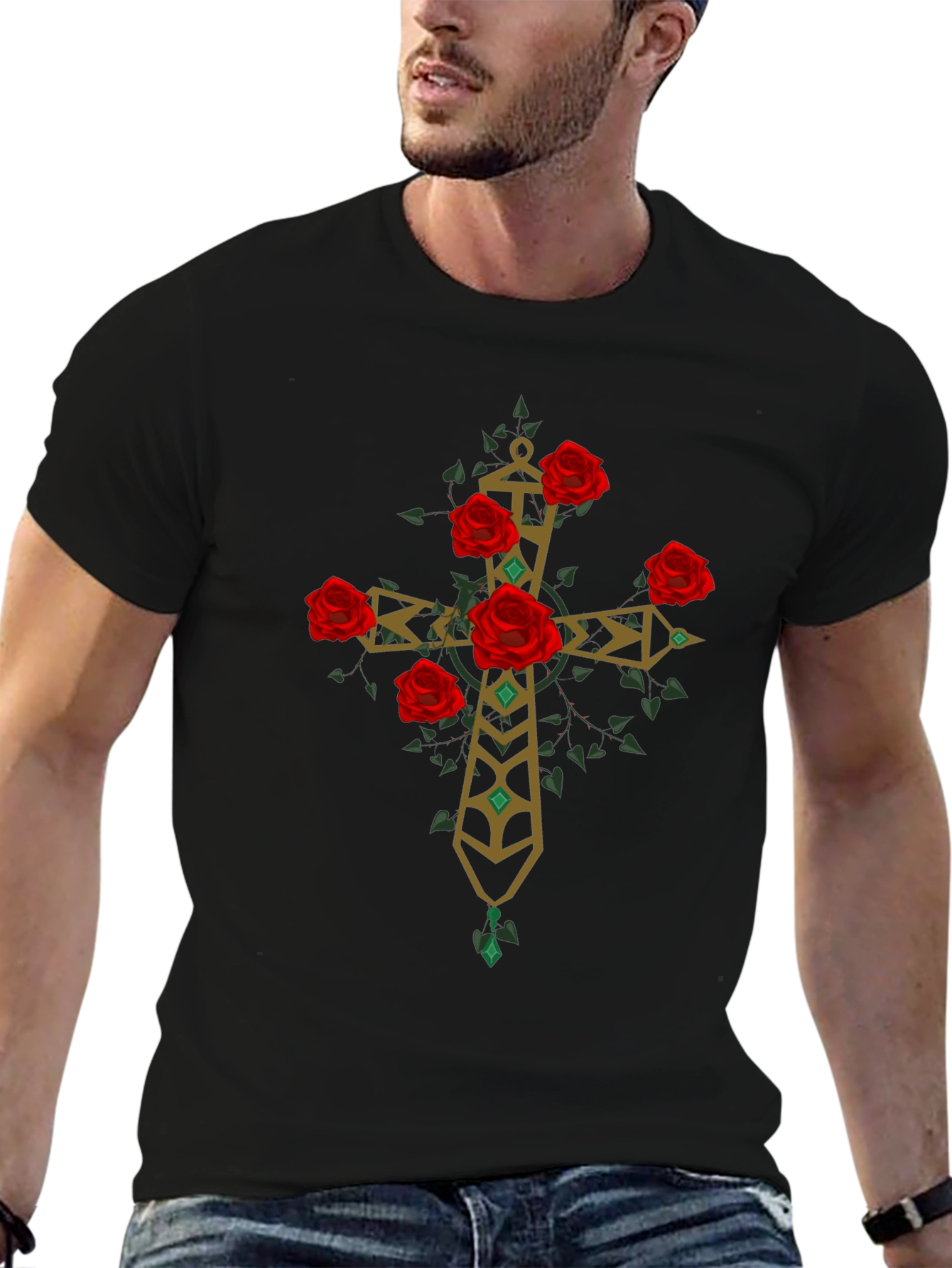 Rose Cross Graphic Tee - Stylish Print