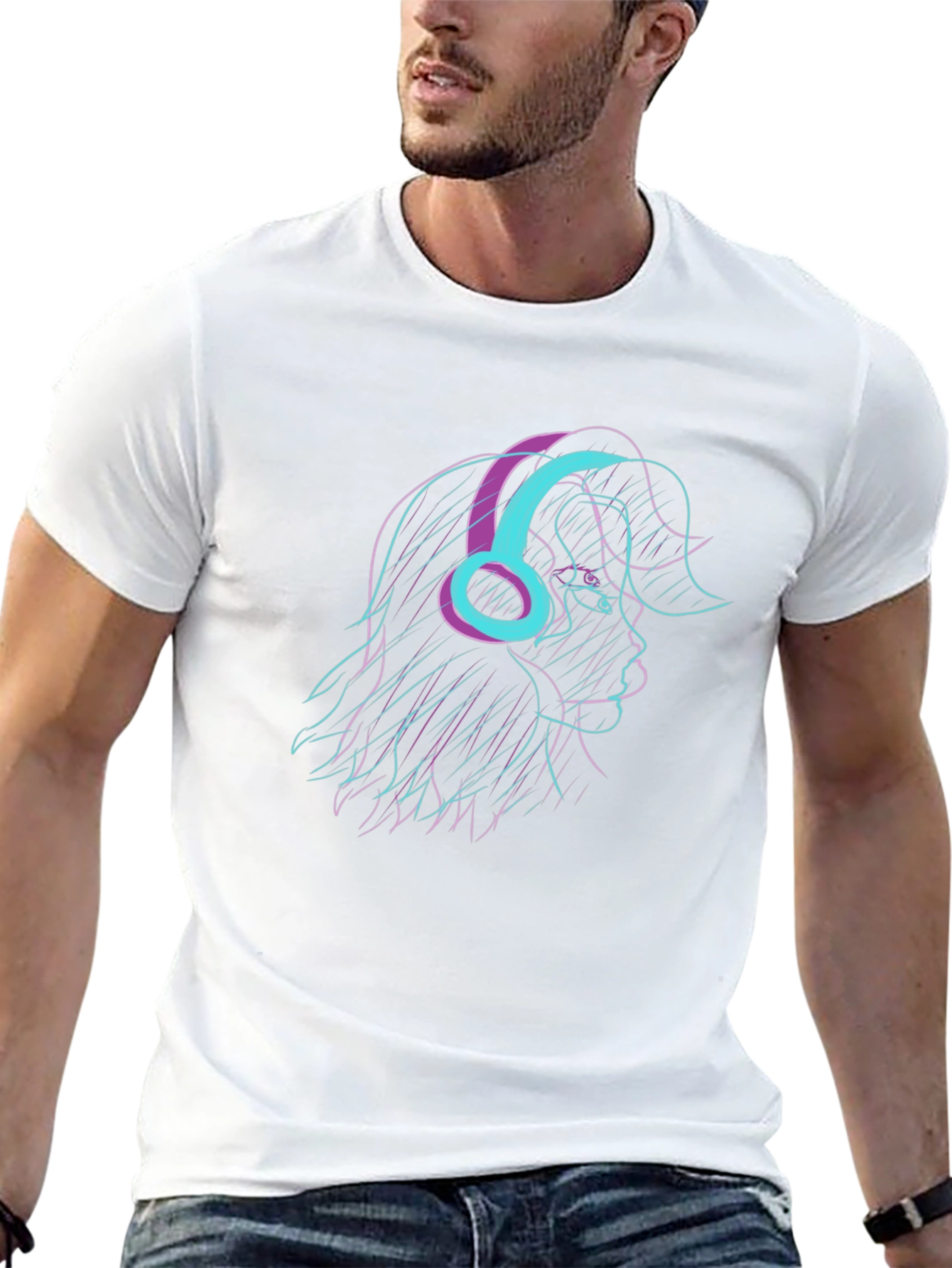 Stylish Black T-Shirt with Retro Headphone Graphic