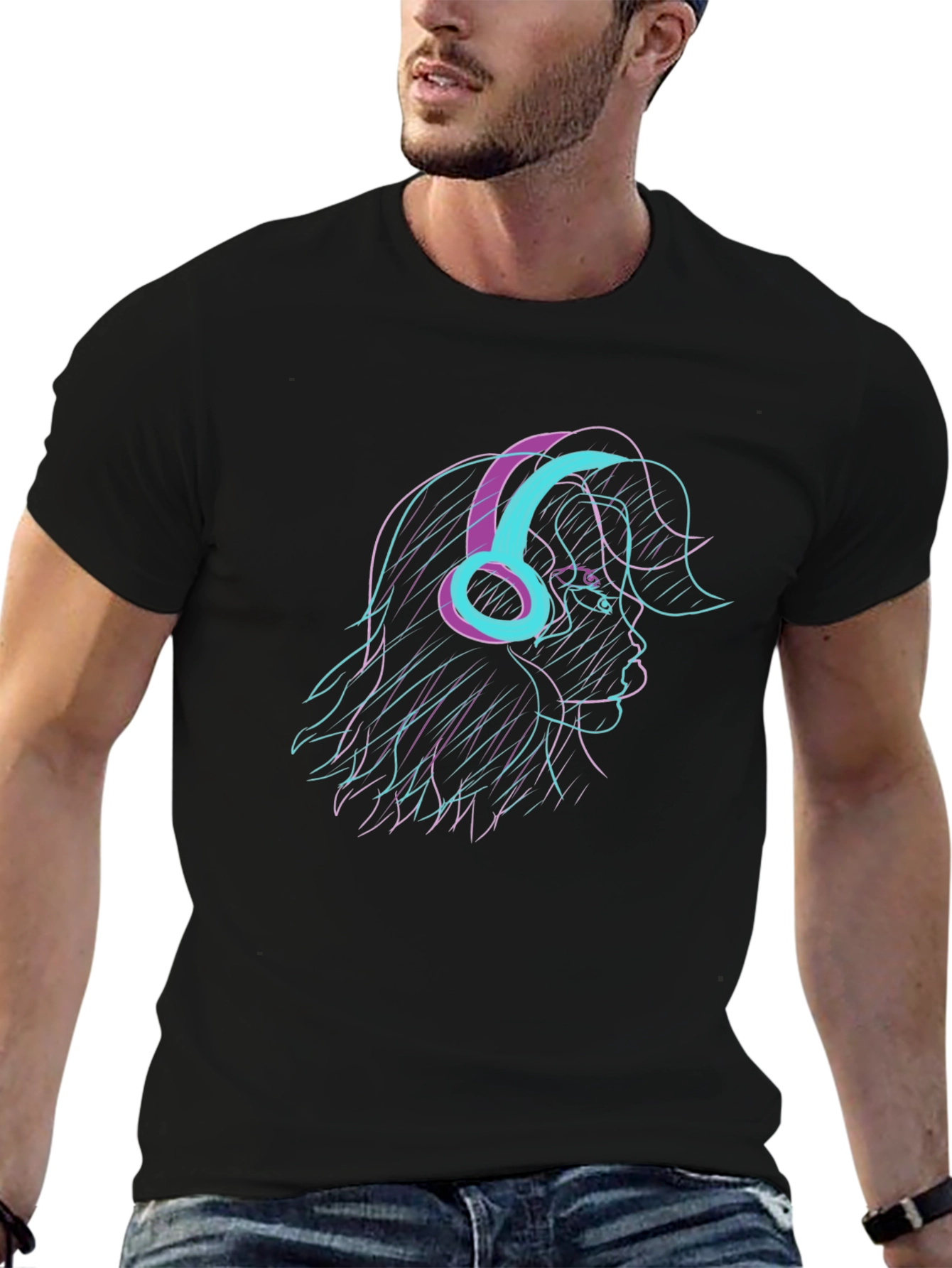 Stylish Black T-Shirt with Retro Headphone Graphic