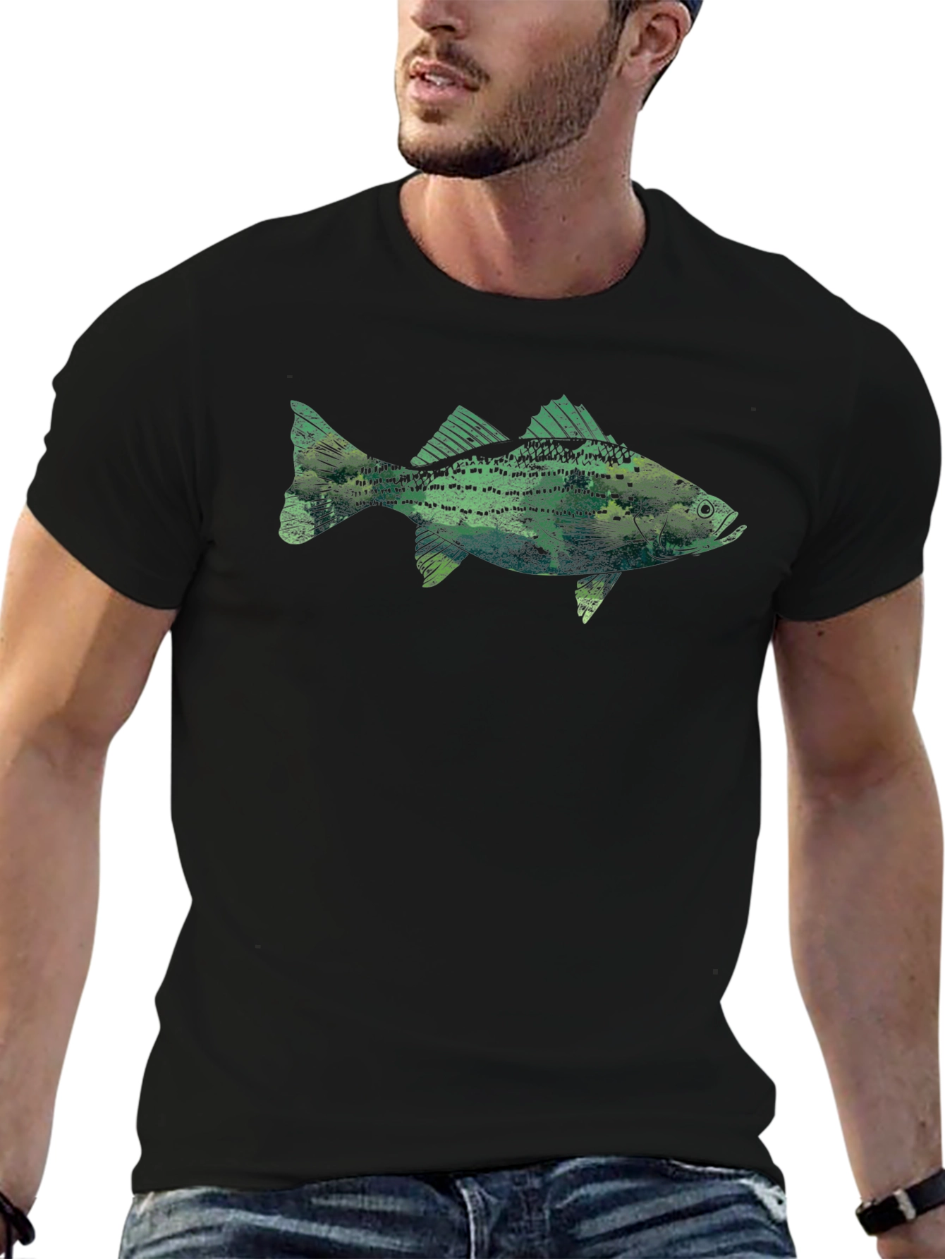 Mens Black T-Shirt with Fish Graphic