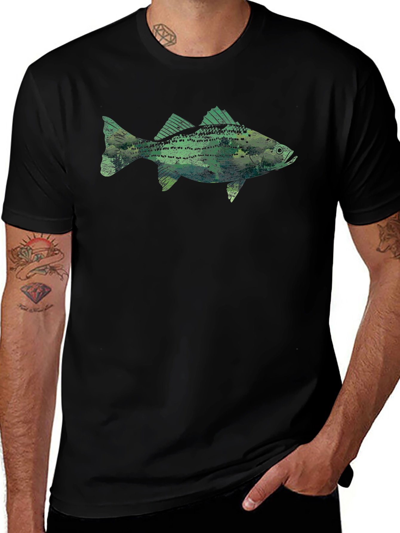 Mens Black T-Shirt with Fish Graphic