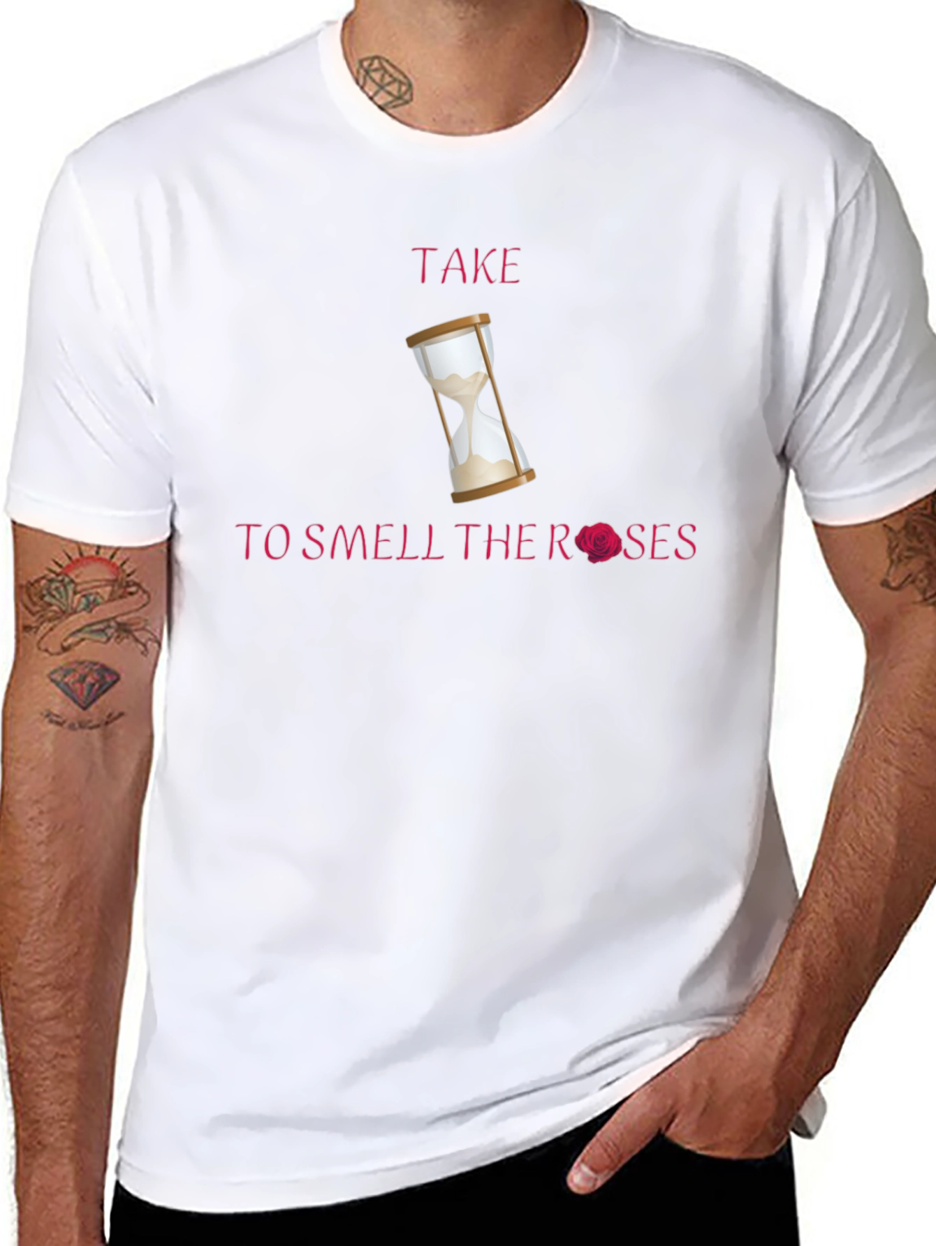Take Time T-Shirt with Hourglass & Rose Graphic