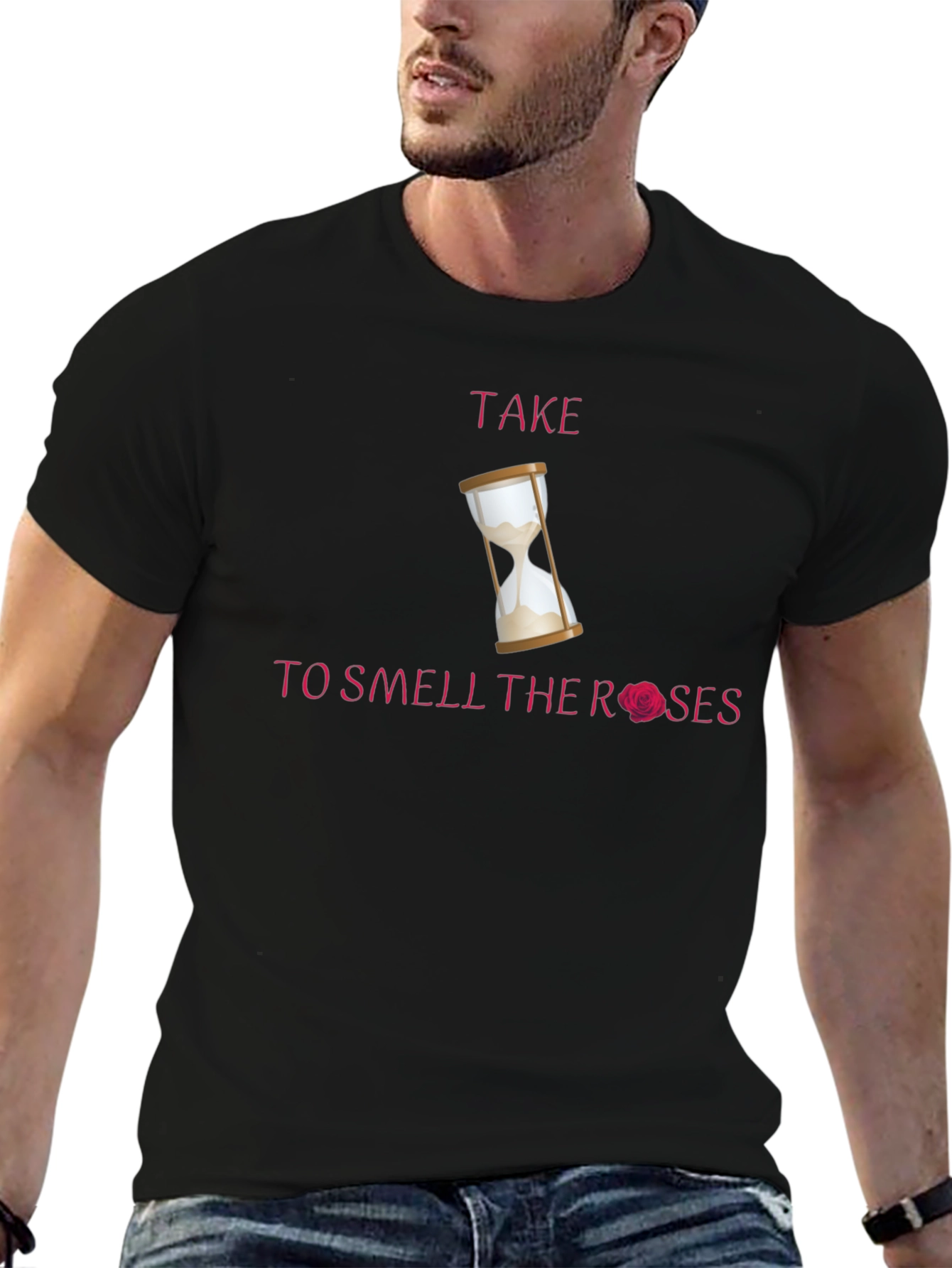 Take Time T-Shirt with Hourglass & Rose Graphic