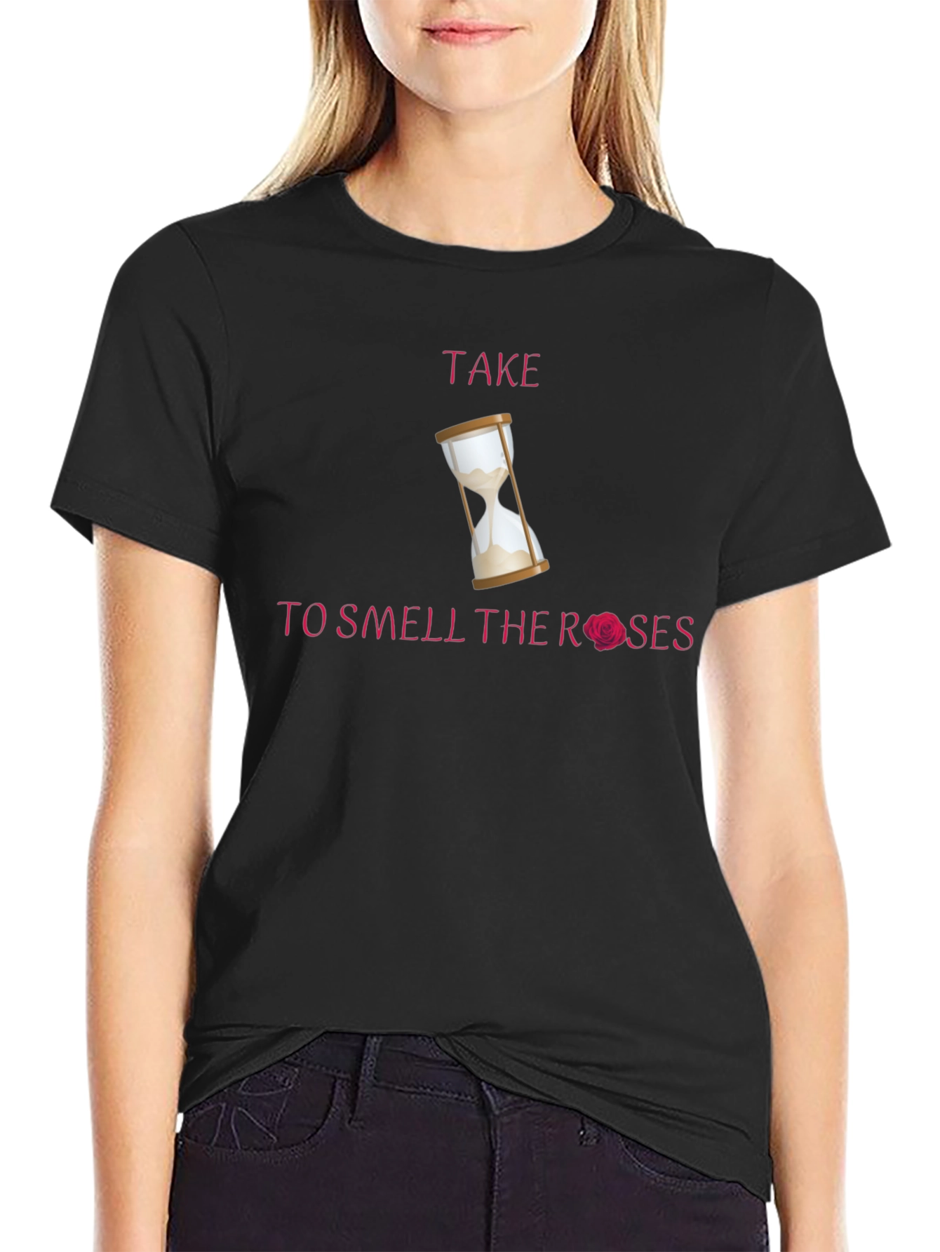 Take Time T-Shirt with Hourglass & Rose Graphic