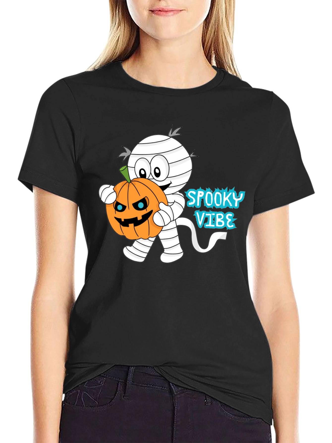 Spooky Vibe Mummy Holding Pumpkin Halloween T-Shirt