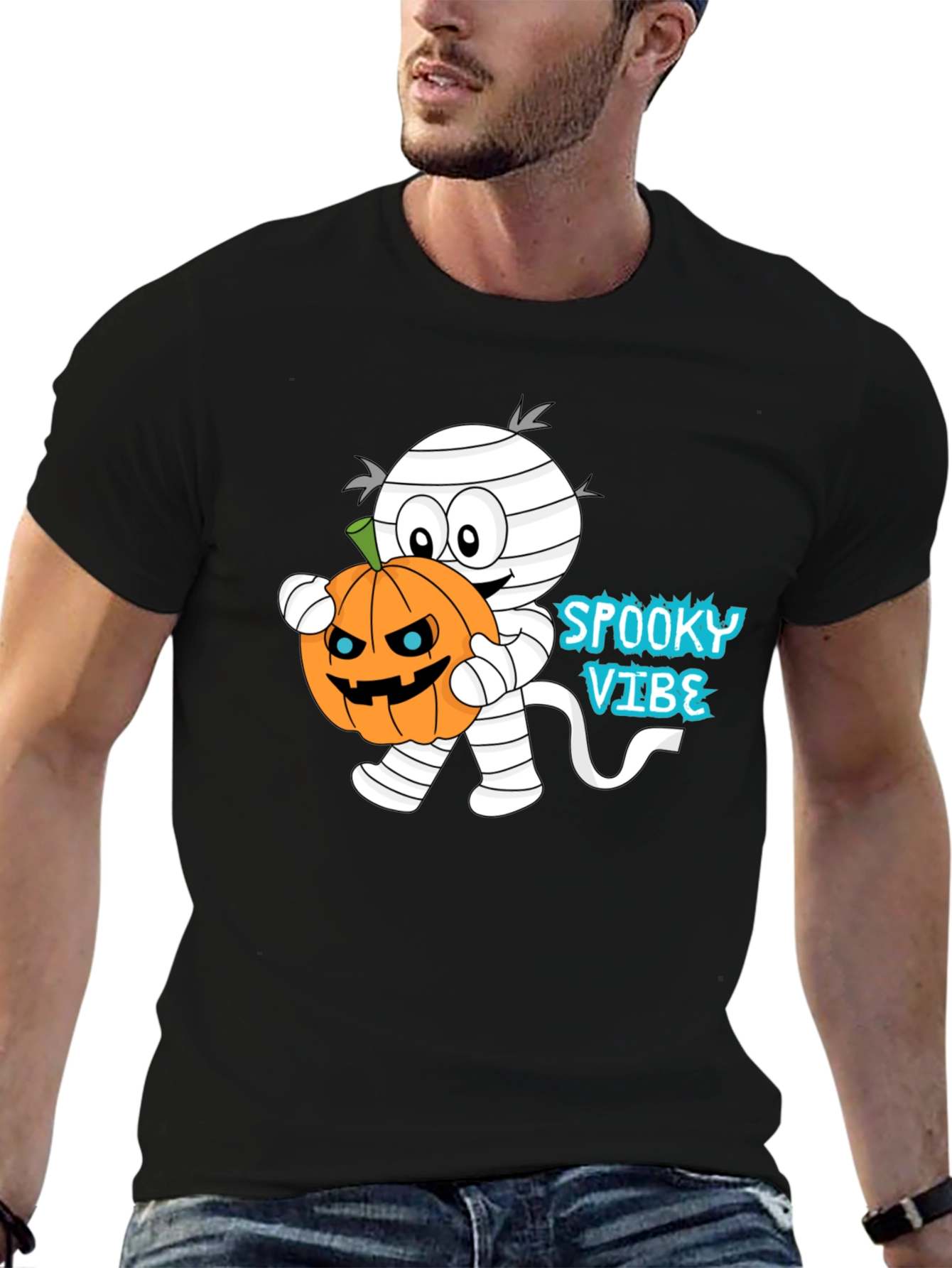 Spooky Vibe Mummy Holding Pumpkin Halloween T-Shirt