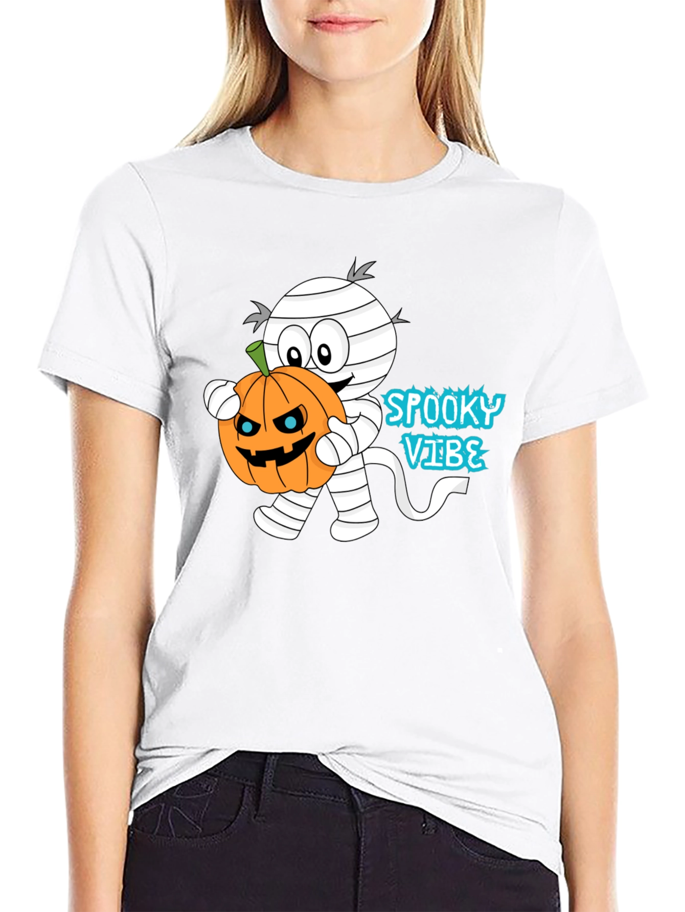 Spooky Vibe Mummy Holding Pumpkin Halloween T-Shirt