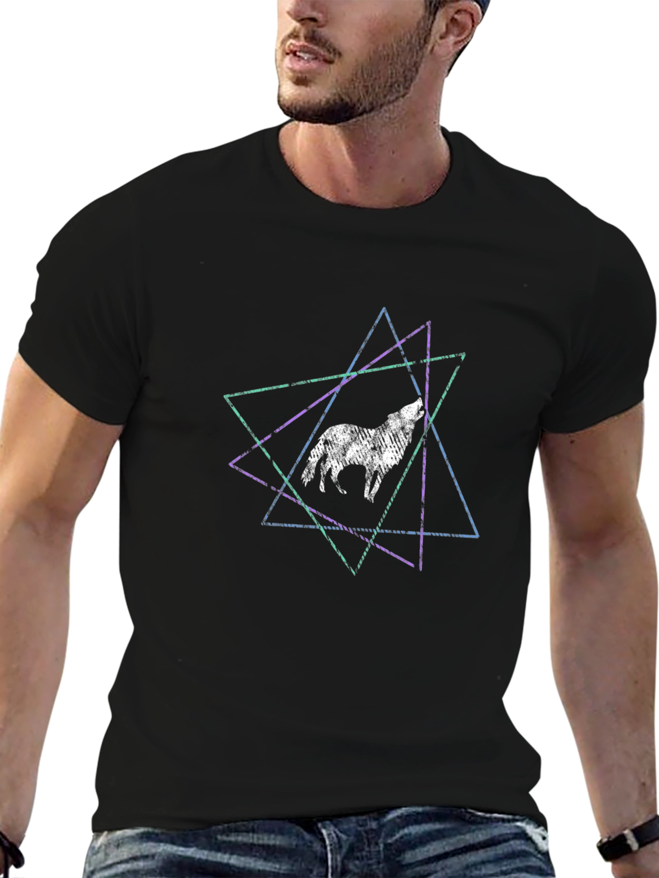 Geometric Wolf Graphic Black Tee