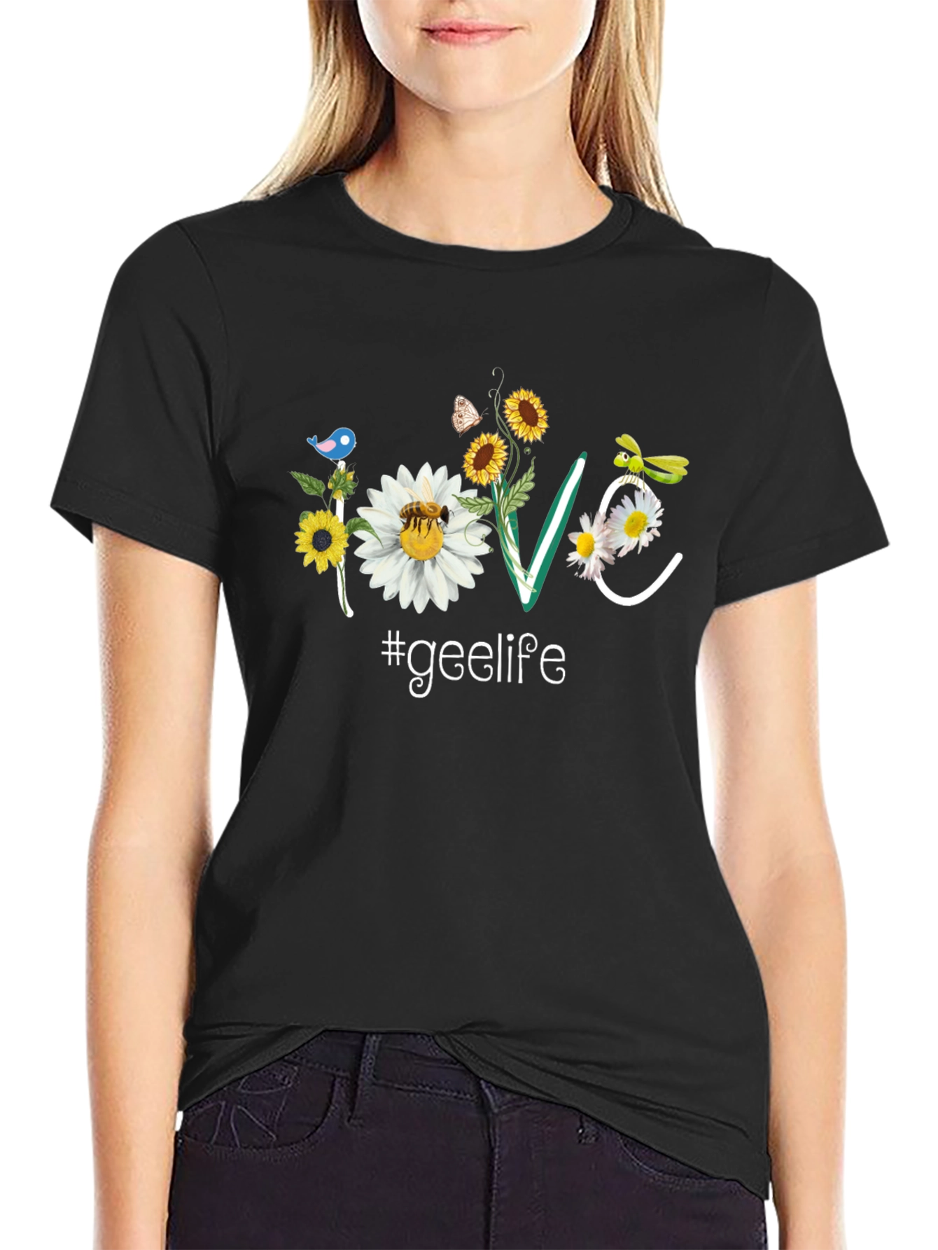 Floral Love #geelife Graphic Black T-Shirt