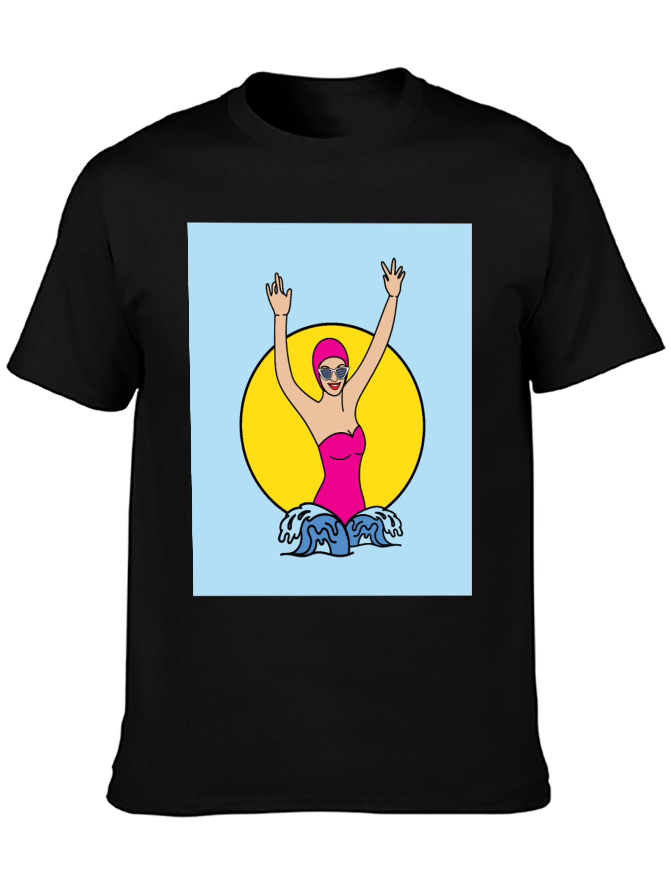 Retro Swimmer Graphic Tee - Black Cotton T-Shirt