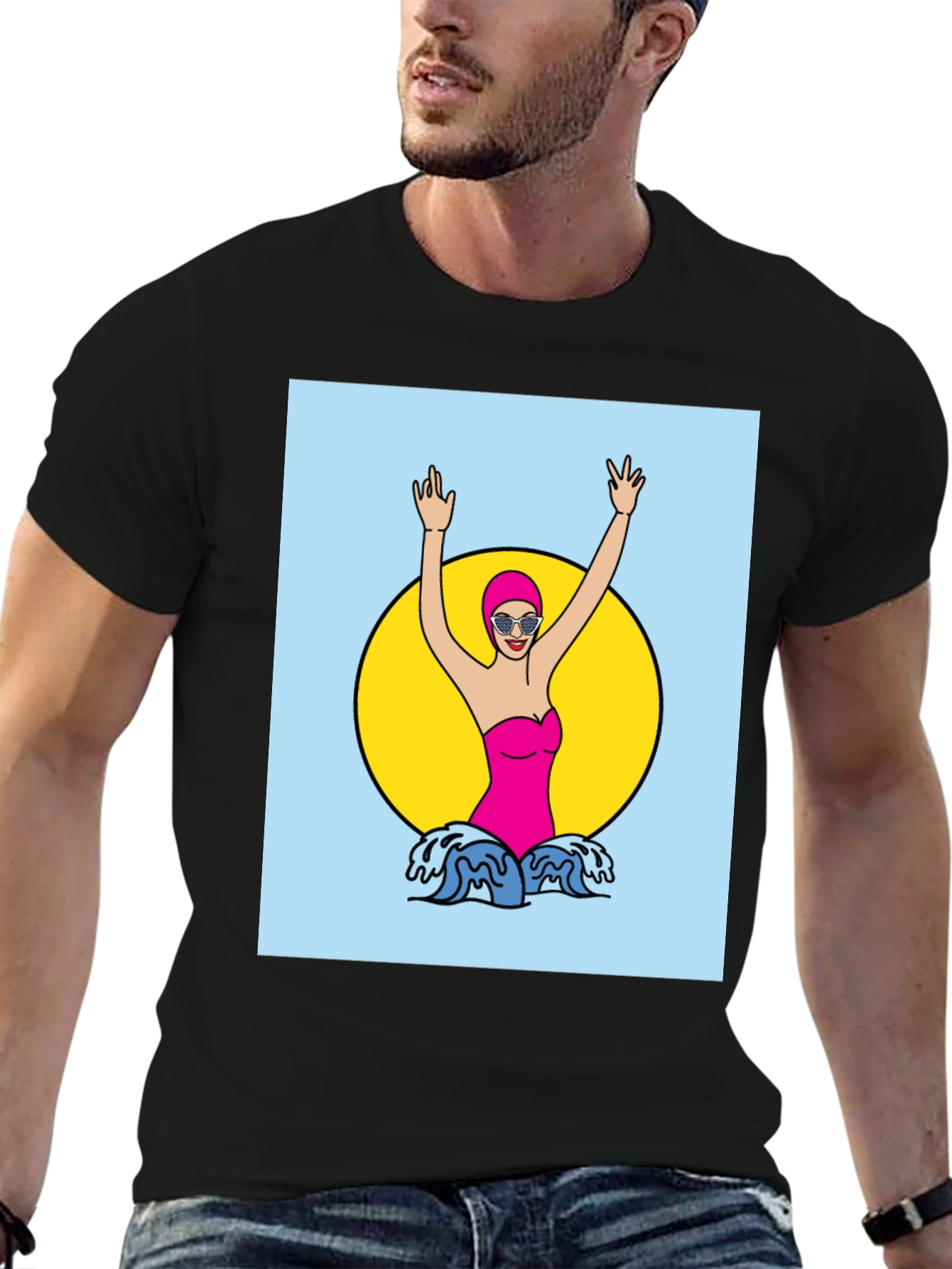 Retro Swimmer Graphic Tee - Black Cotton T-Shirt