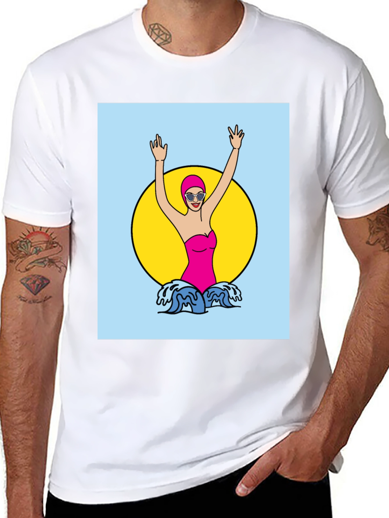Retro Swimmer Graphic Tee - Black Cotton T-Shirt