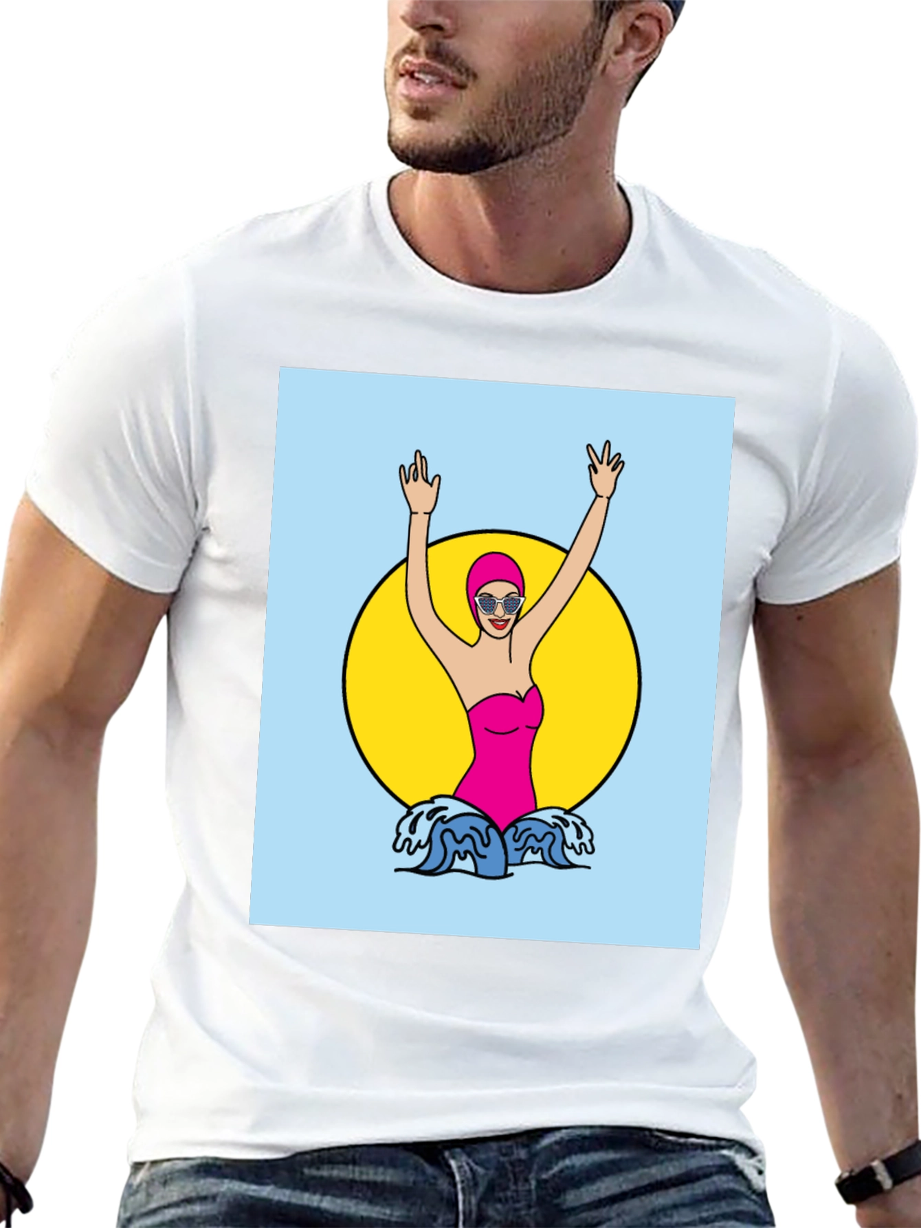 Retro Swimmer Graphic Tee - Black Cotton T-Shirt