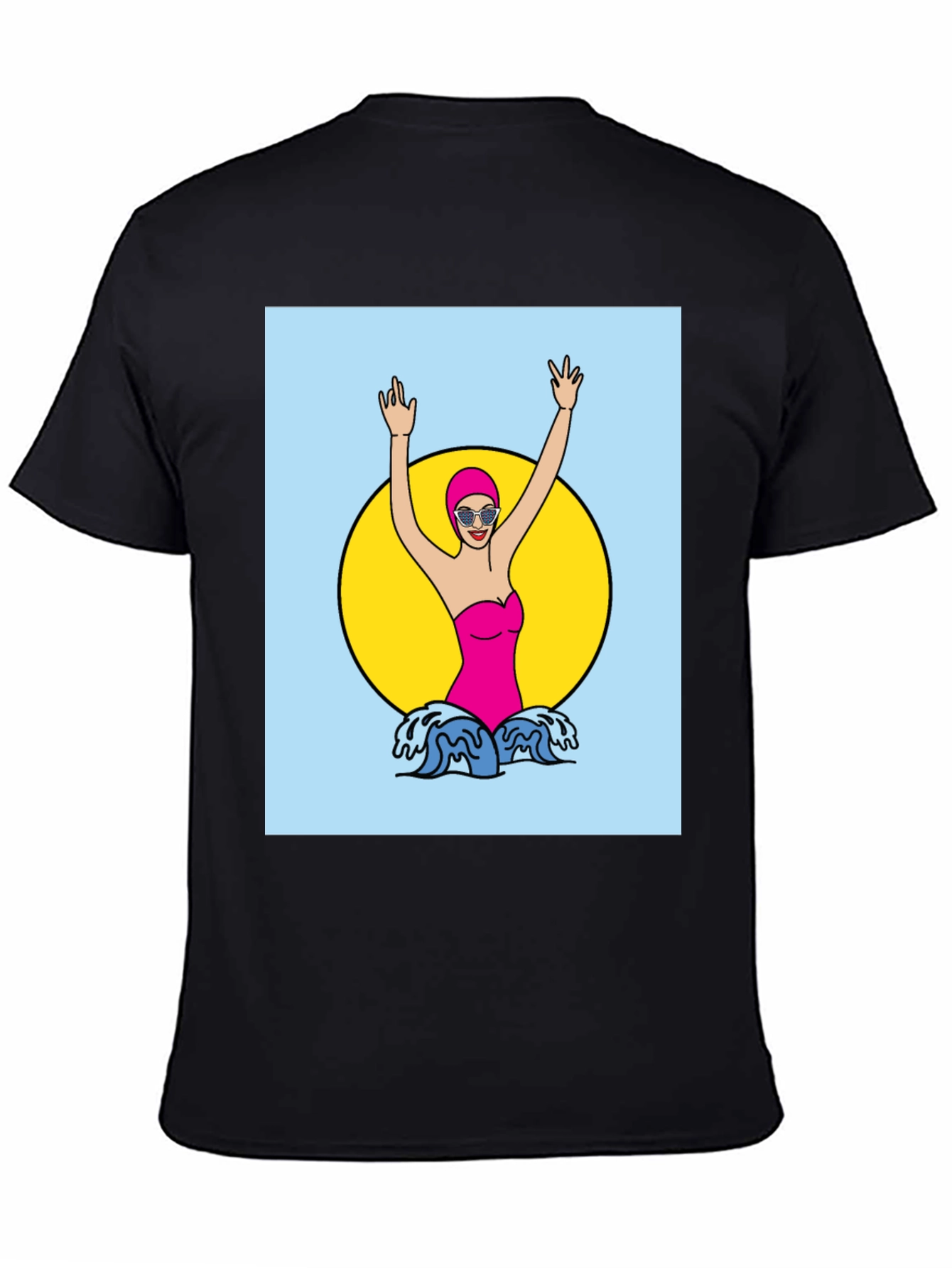 Retro Swimmer Graphic Tee - Black Cotton T-Shirt