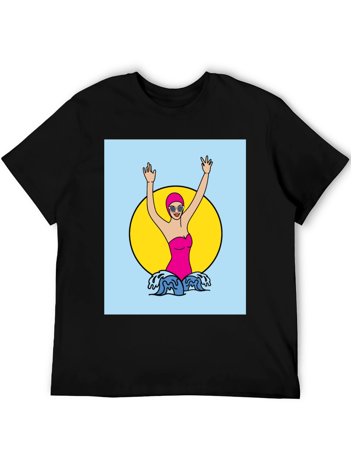 Retro Swimmer Graphic Tee - Black Cotton T-Shirt