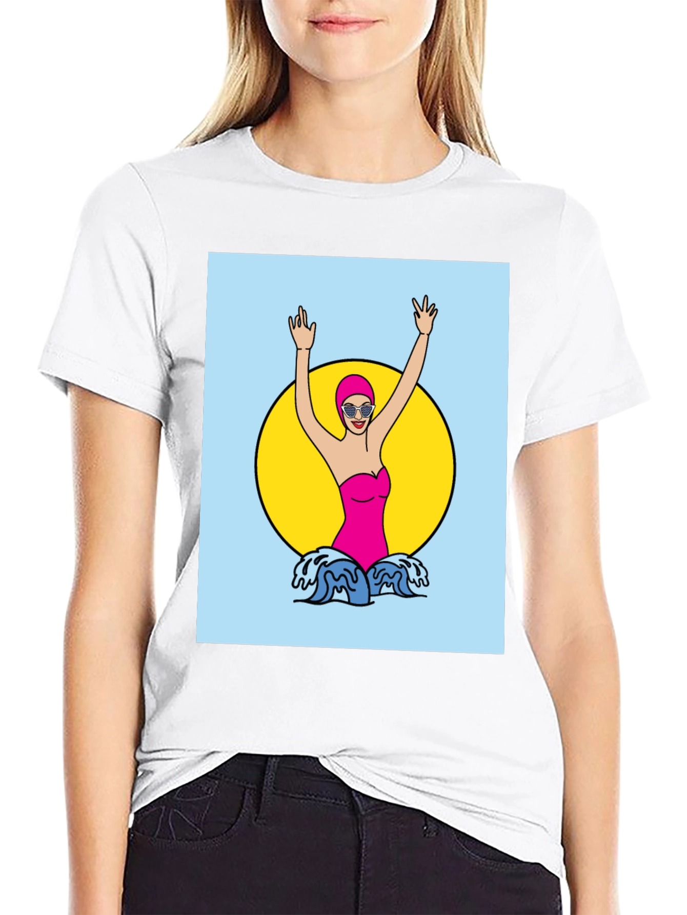 Retro Swimmer Graphic Tee - Black Cotton T-Shirt