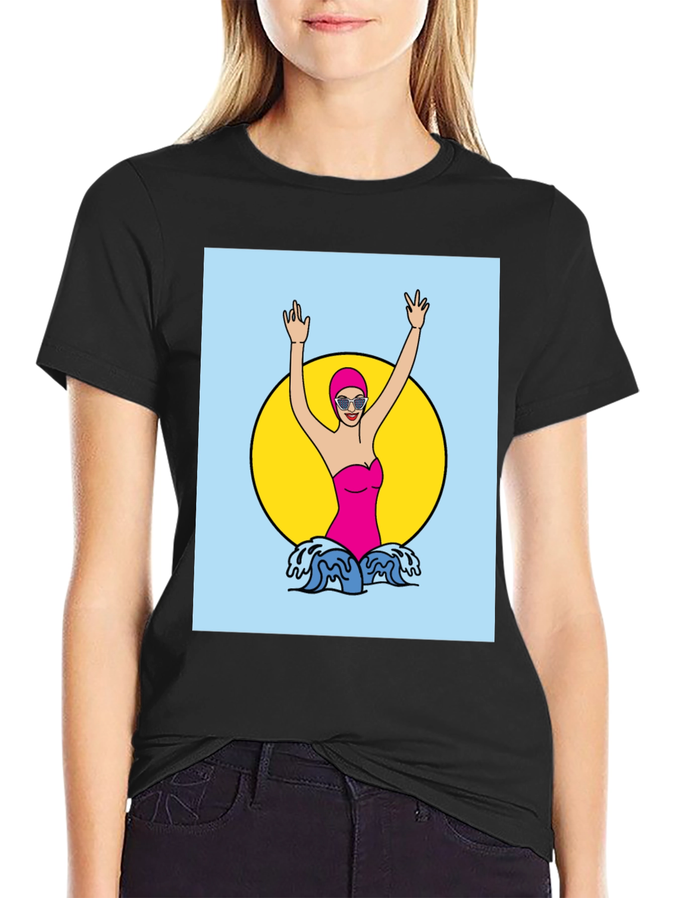 Retro Swimmer Graphic Tee - Black Cotton T-Shirt