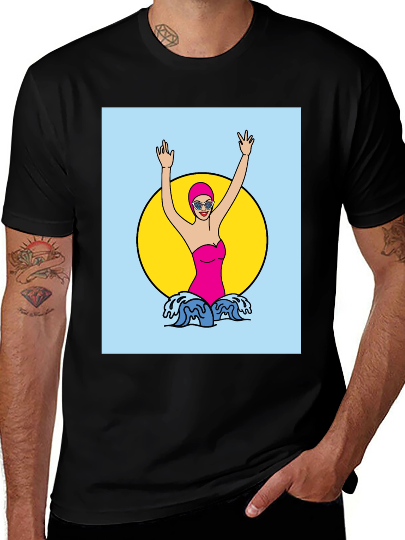 Retro Swimmer Graphic Tee - Black Cotton T-Shirt