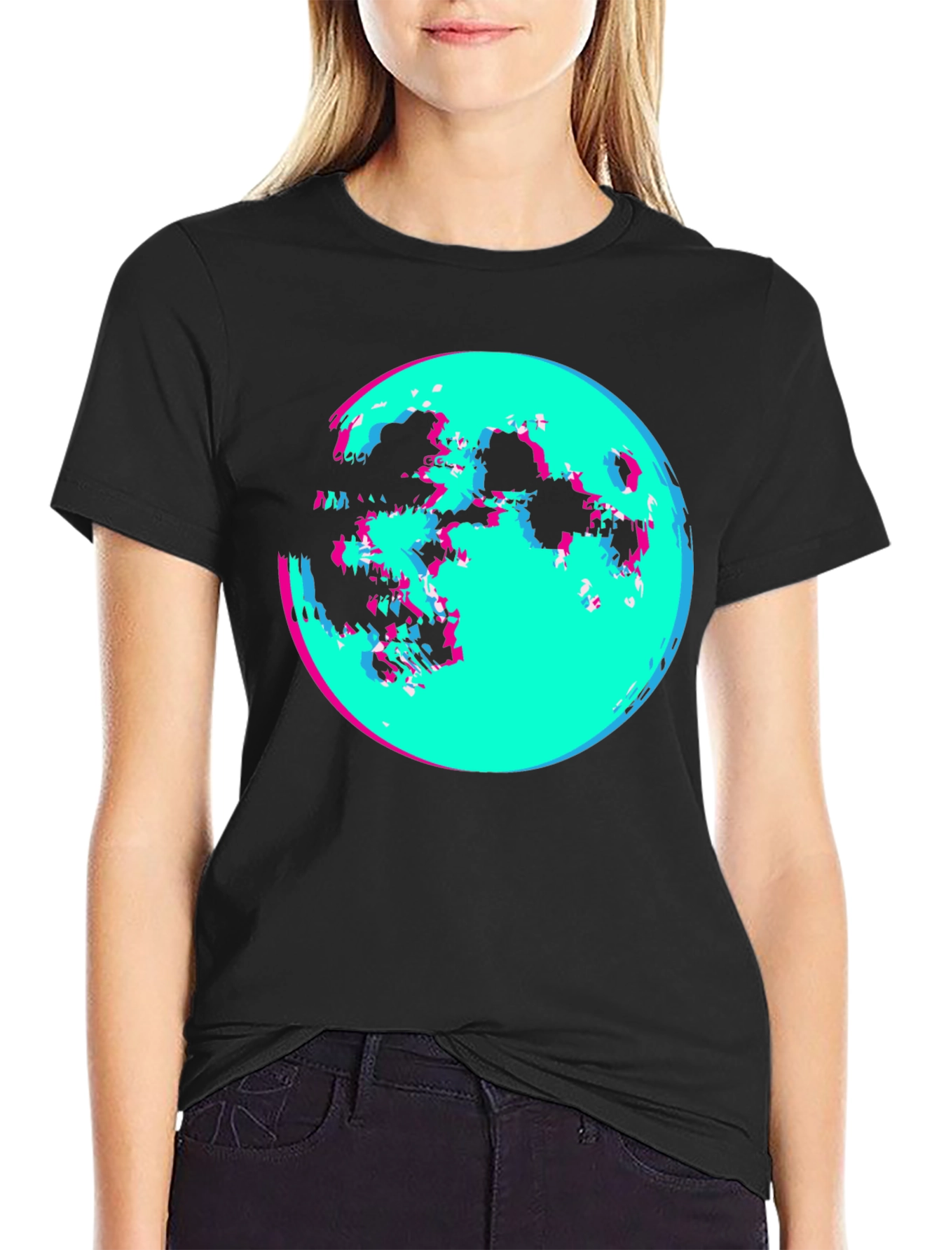 Vaporwave Moon Graphic Tee - Black Cotton Shirt