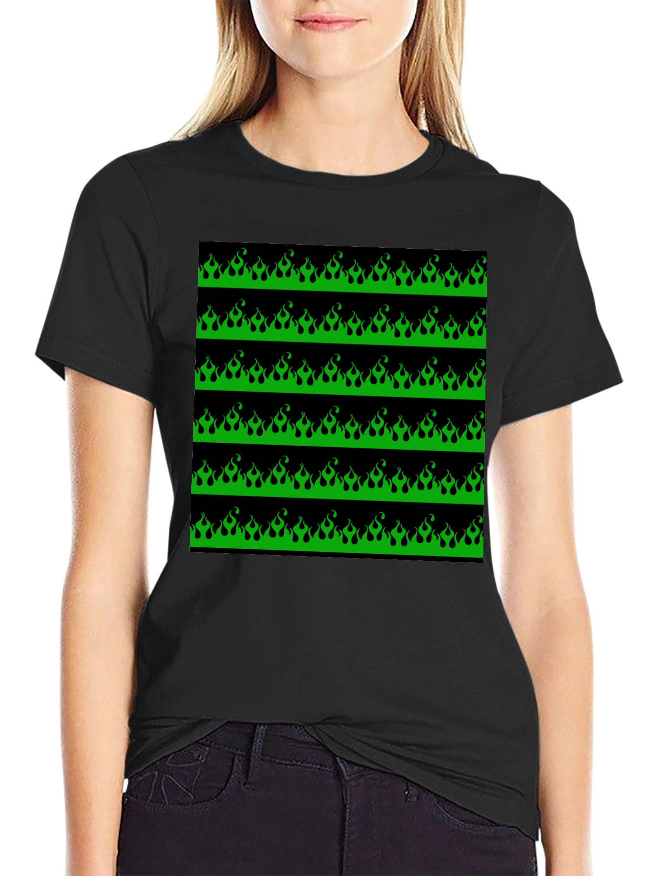Green Flame Graphic Black T-Shirt