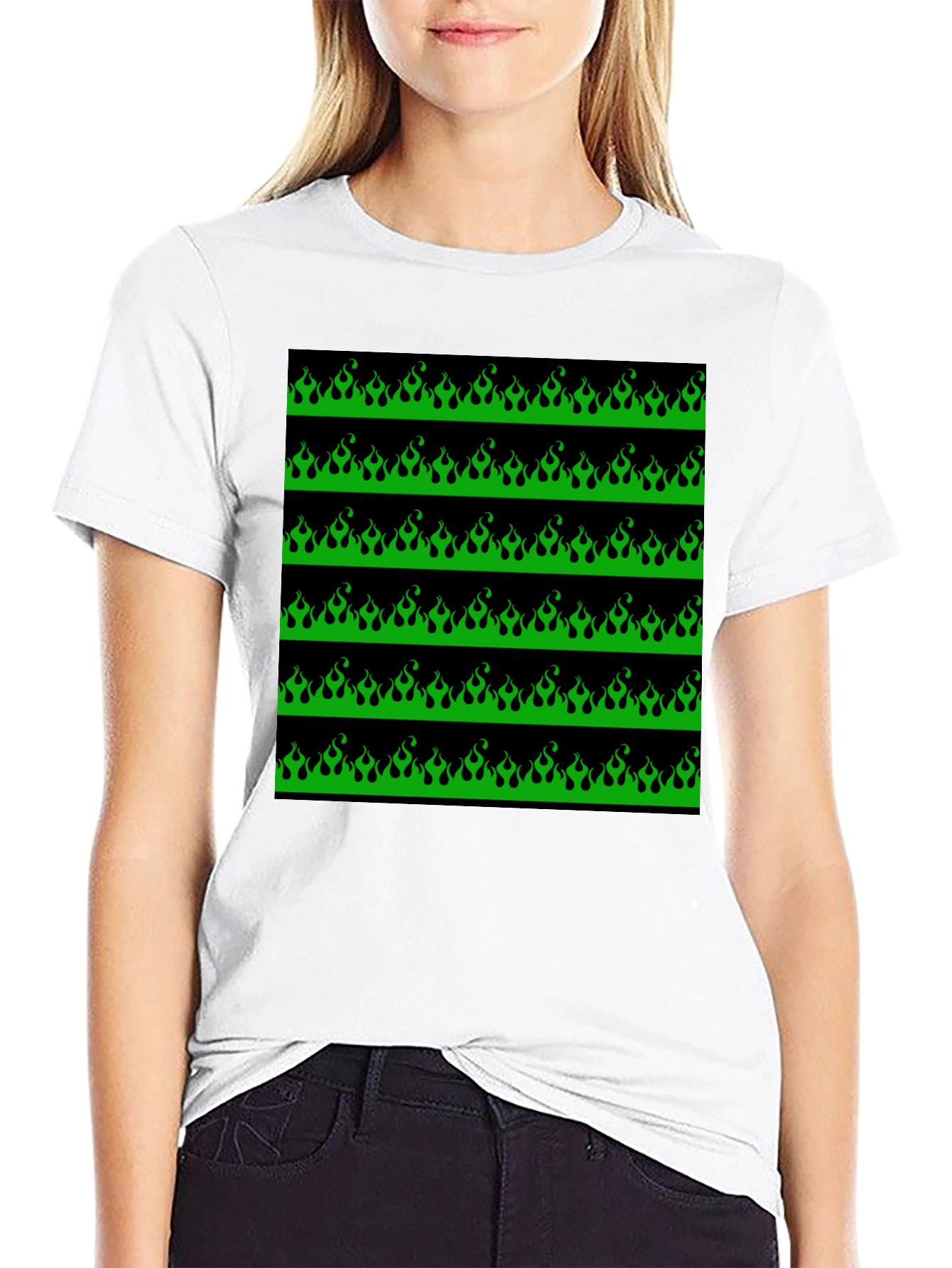Green Flame Graphic Black T-Shirt