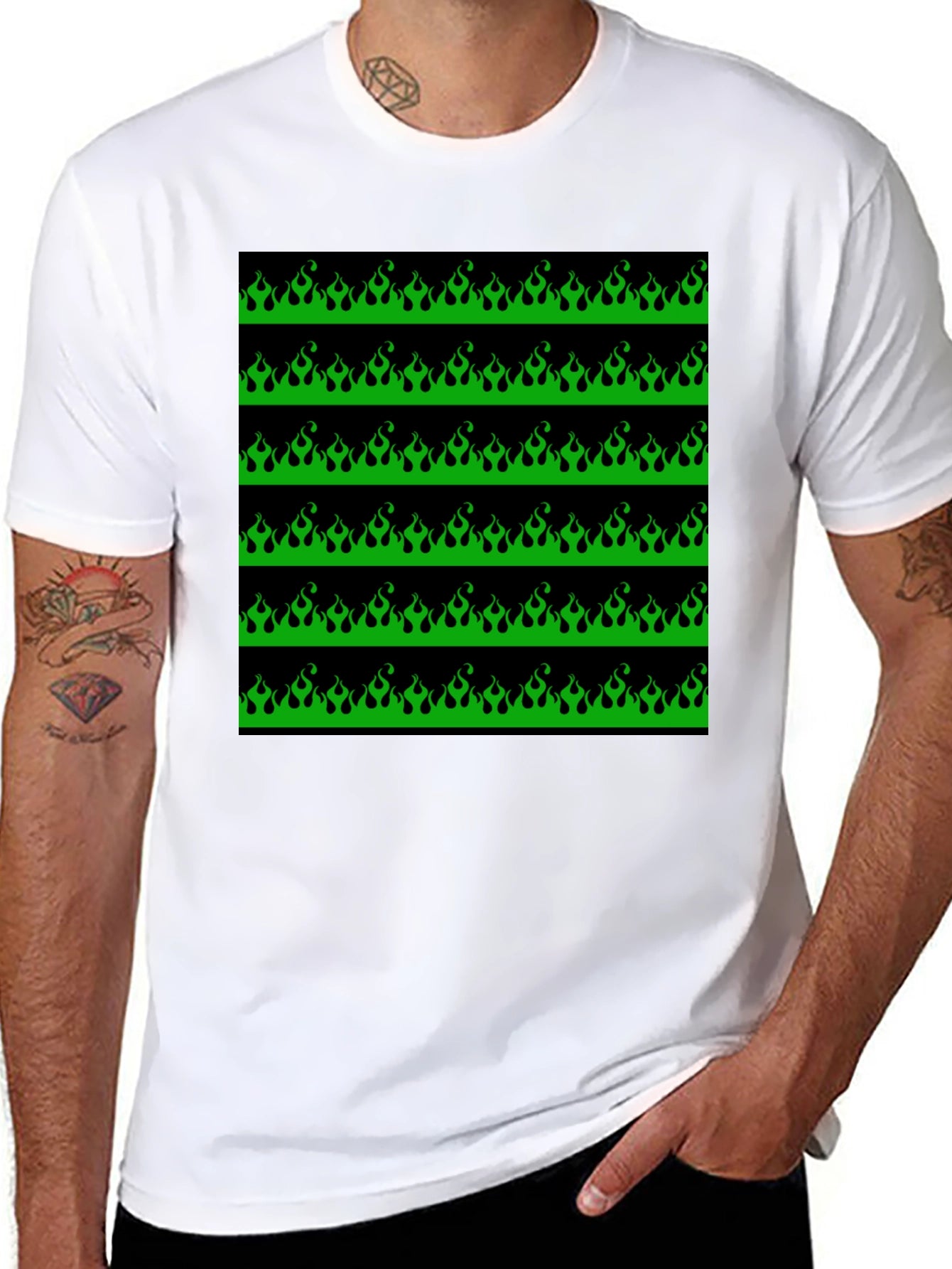 Green Flame Graphic Black T-Shirt