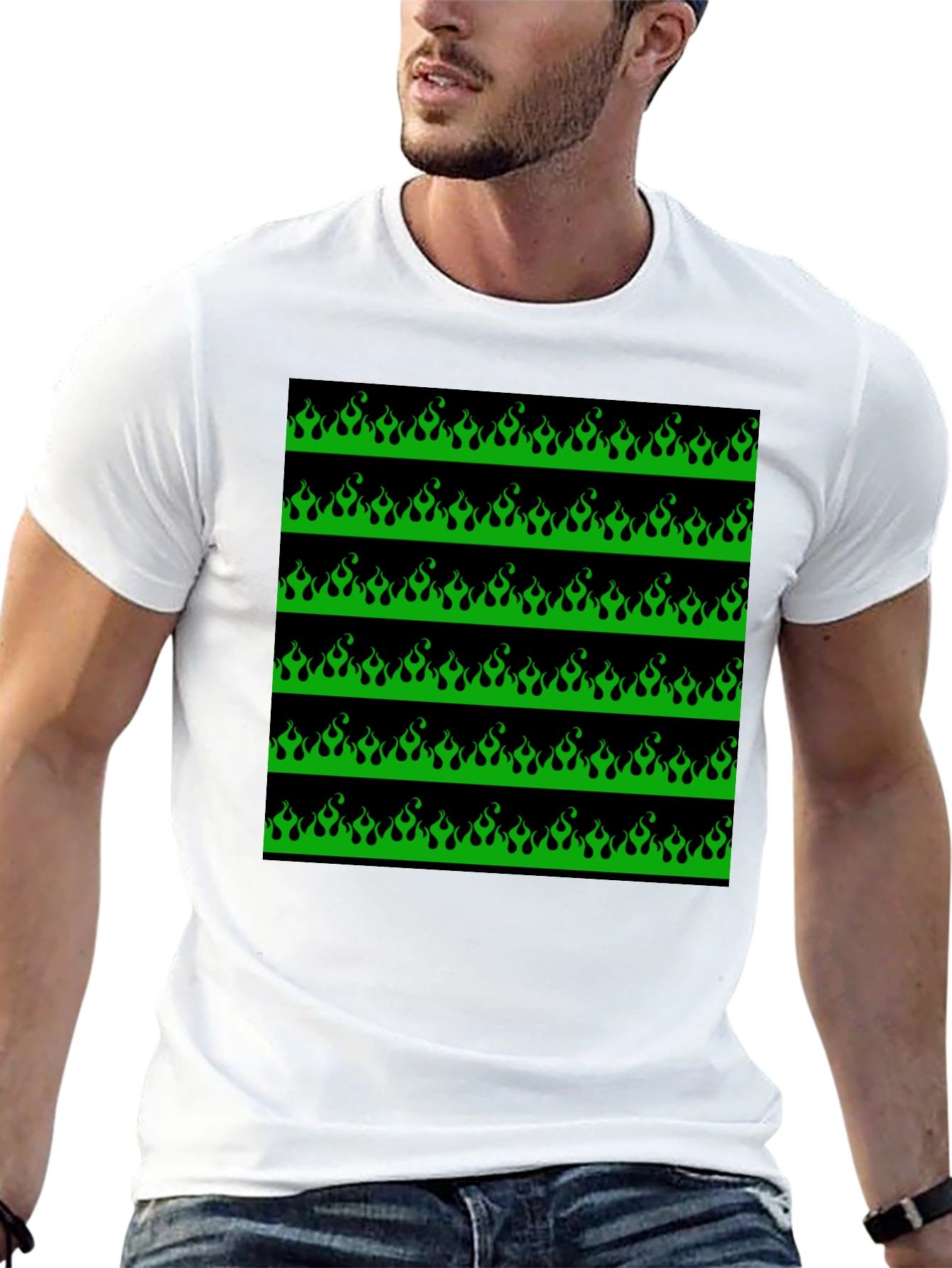 Green Flame Graphic Black T-Shirt