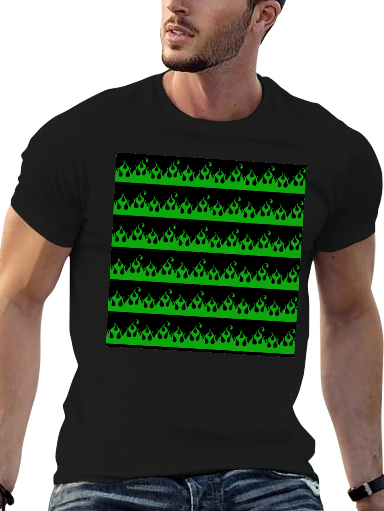 Green Flame Graphic Black T-Shirt